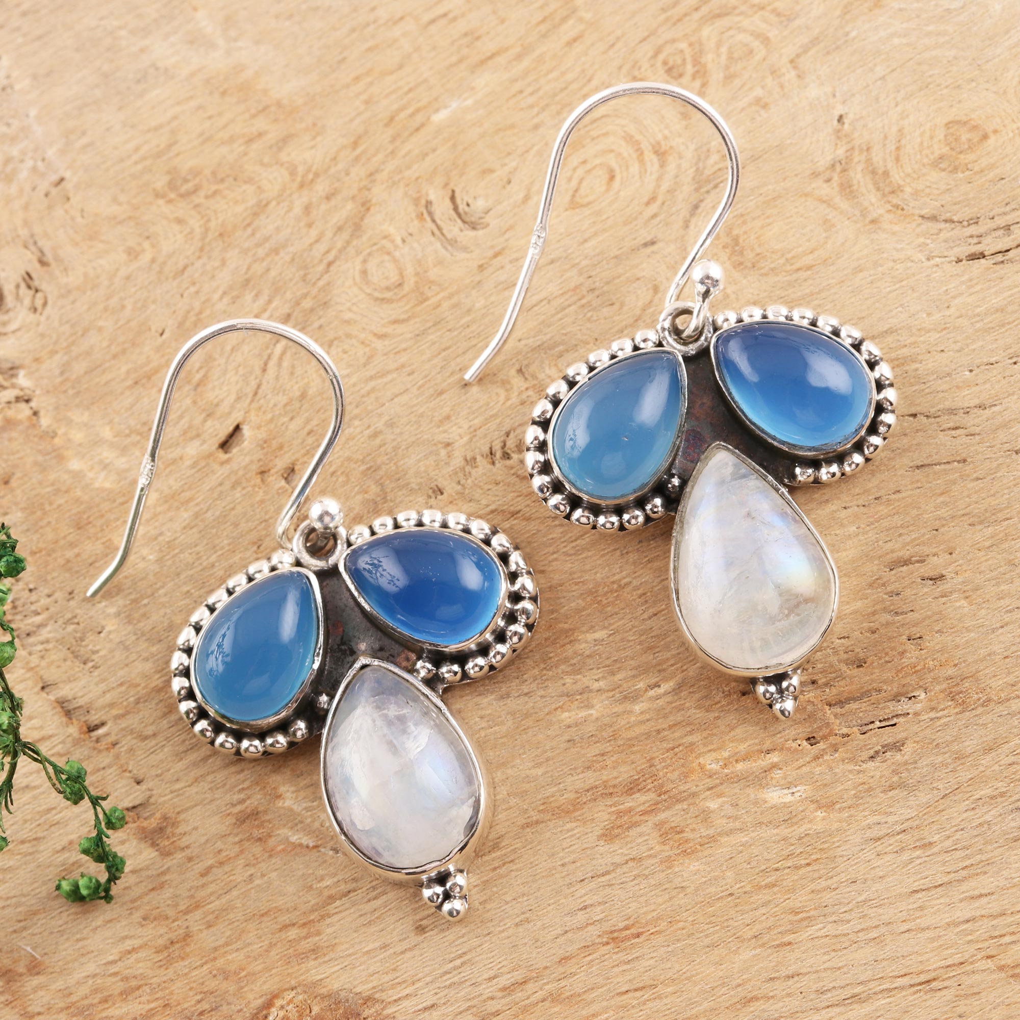 Premium Trio Teardrop Earrings – Blue Chalcedony & Rainbow Moonstone