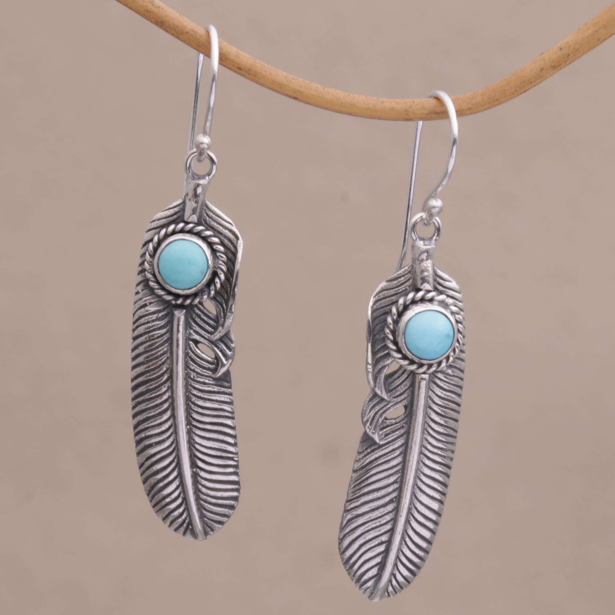 Premium Turquoise & Silver Feather Dangle Earrings – Handcrafted in Bali