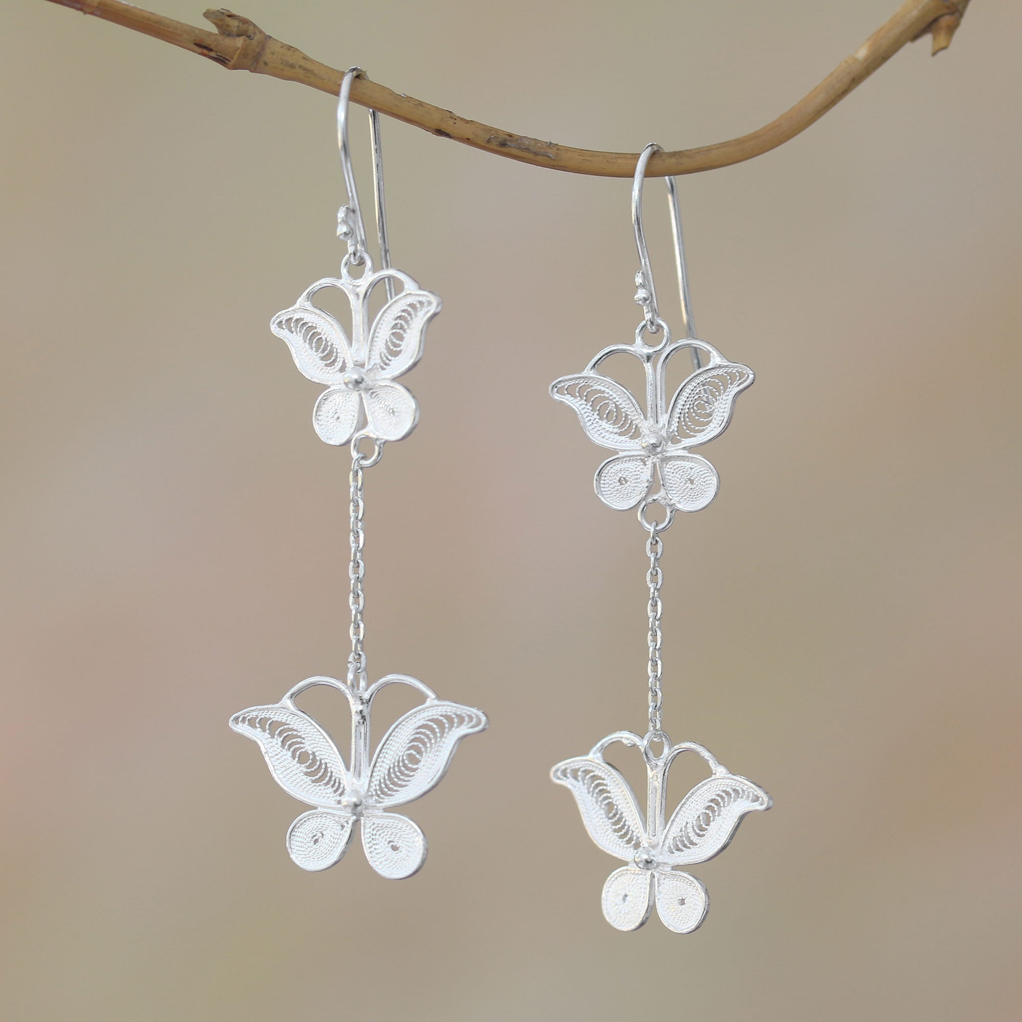 Premium Sterling Silver Filigree Butterfly Dangle Earrings