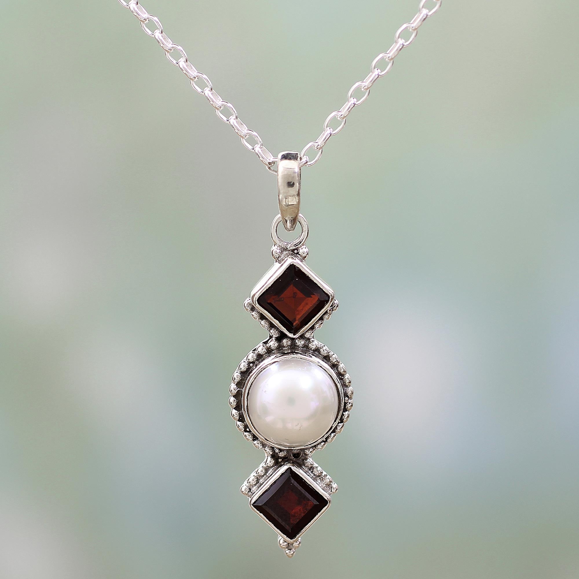 Premium Red Guardians Garnet & Pearl Necklace - Handcrafted Sterling Silver Jewelry