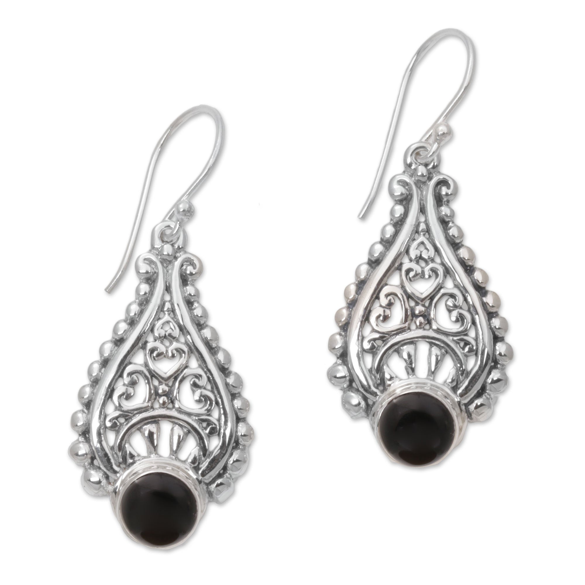 Premium Black Onyx and Sterling Silver Teardrop Earrings - Handcrafted in Bali