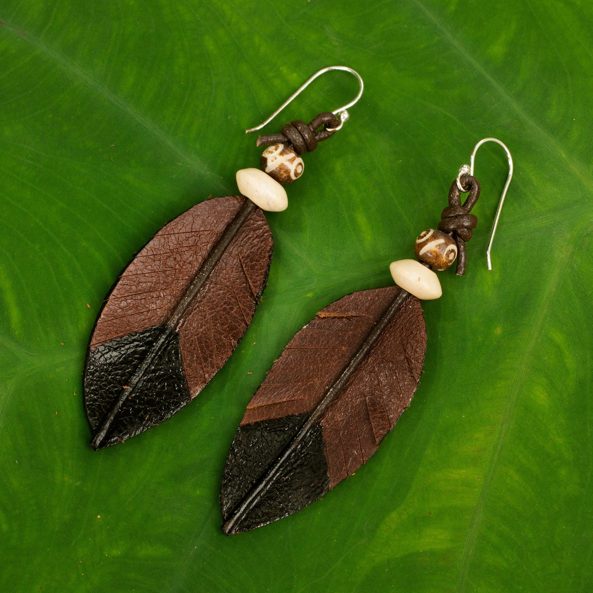 Premium Handmade Leather Feather Earrings | Fair Trade Artisan Craft from Thailand