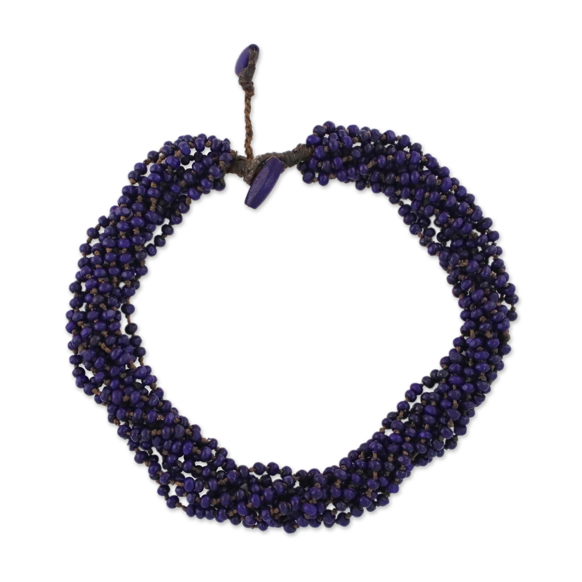 Premium Purple Beaded Wood Torsade Necklace - Handmade in Thailand