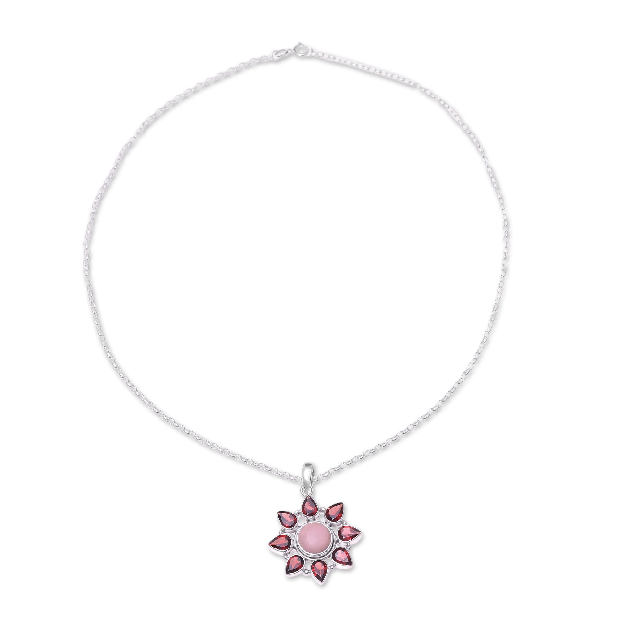 Premium Glowing Flower Pink Opal & Garnet Sterling Silver Necklace