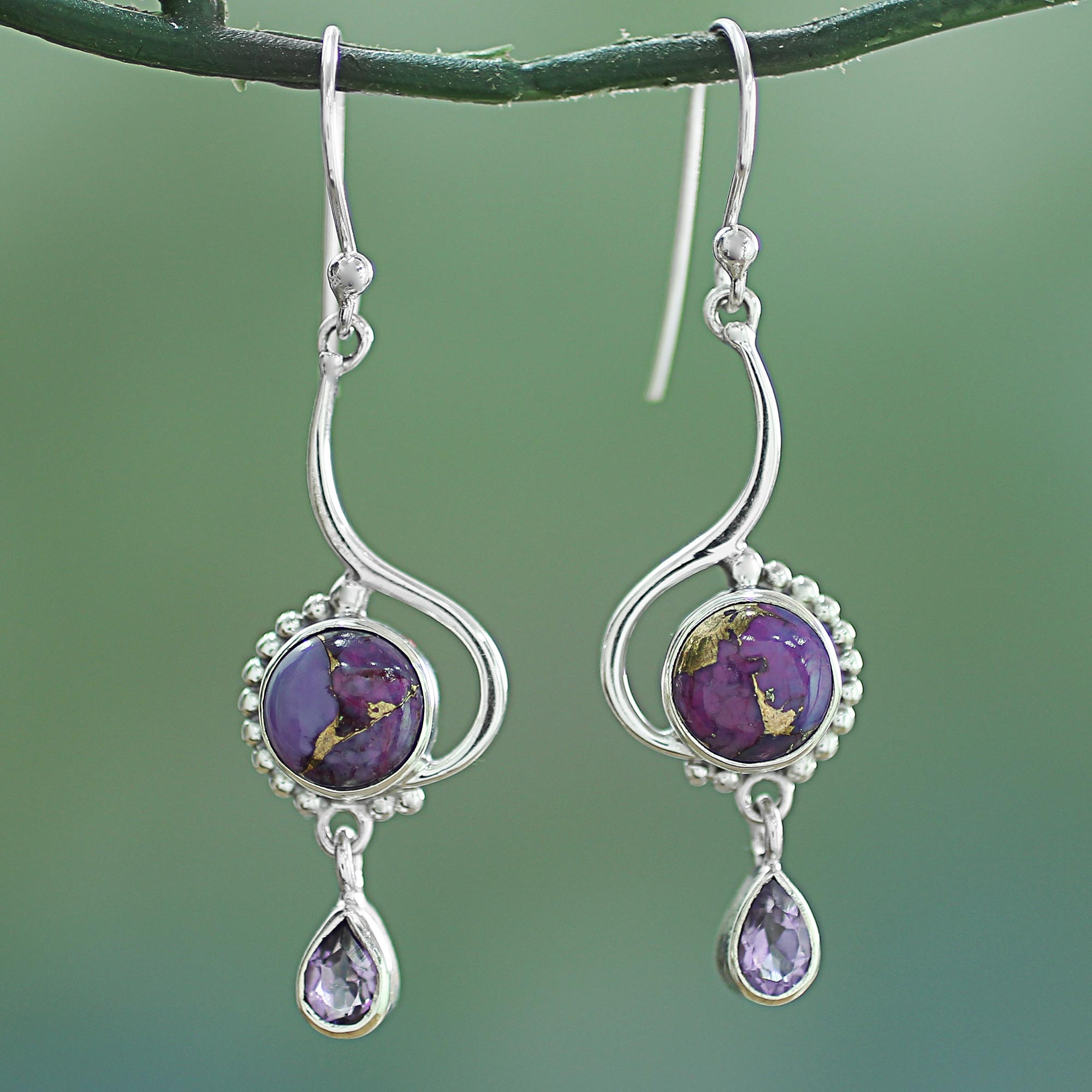 Premium Sterling Silver Dangle Earrings with Turquoise & Amethyst