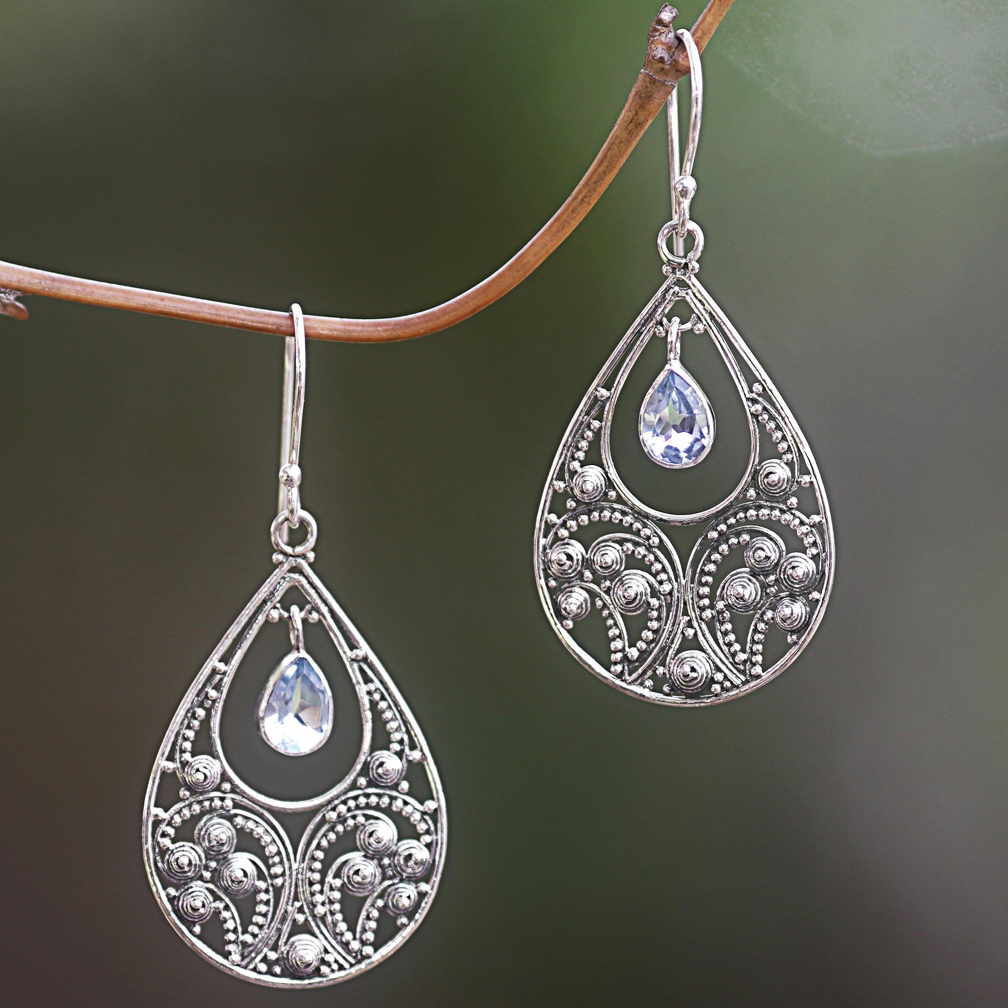 Premium Bali Crest Sterling Silver and Blue Topaz Dangle Earrings – Exotic Elegance