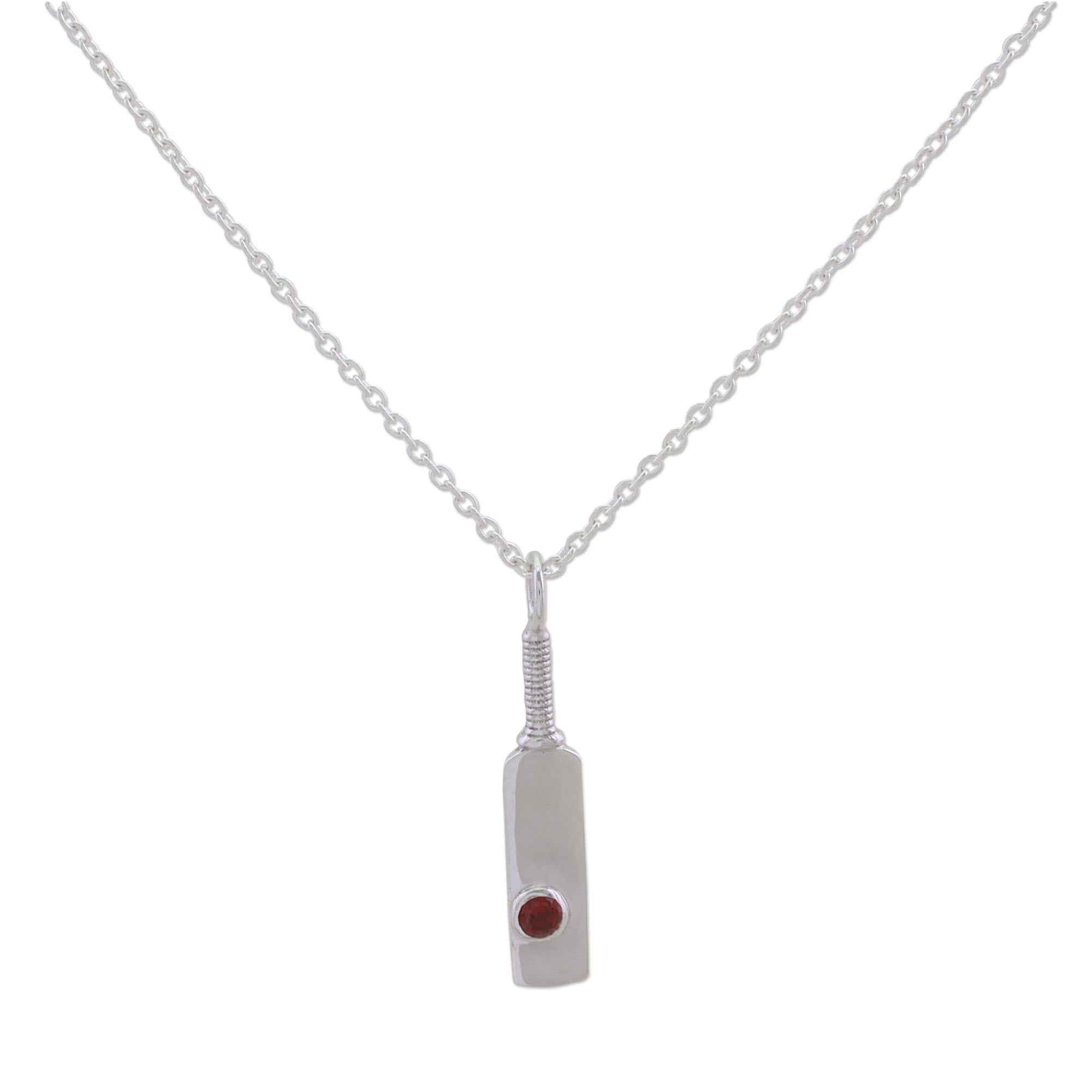 Premium Sterling Silver Cricket Bat Pendant Necklace with Garnet - A Tribute to India's Cricket Passion