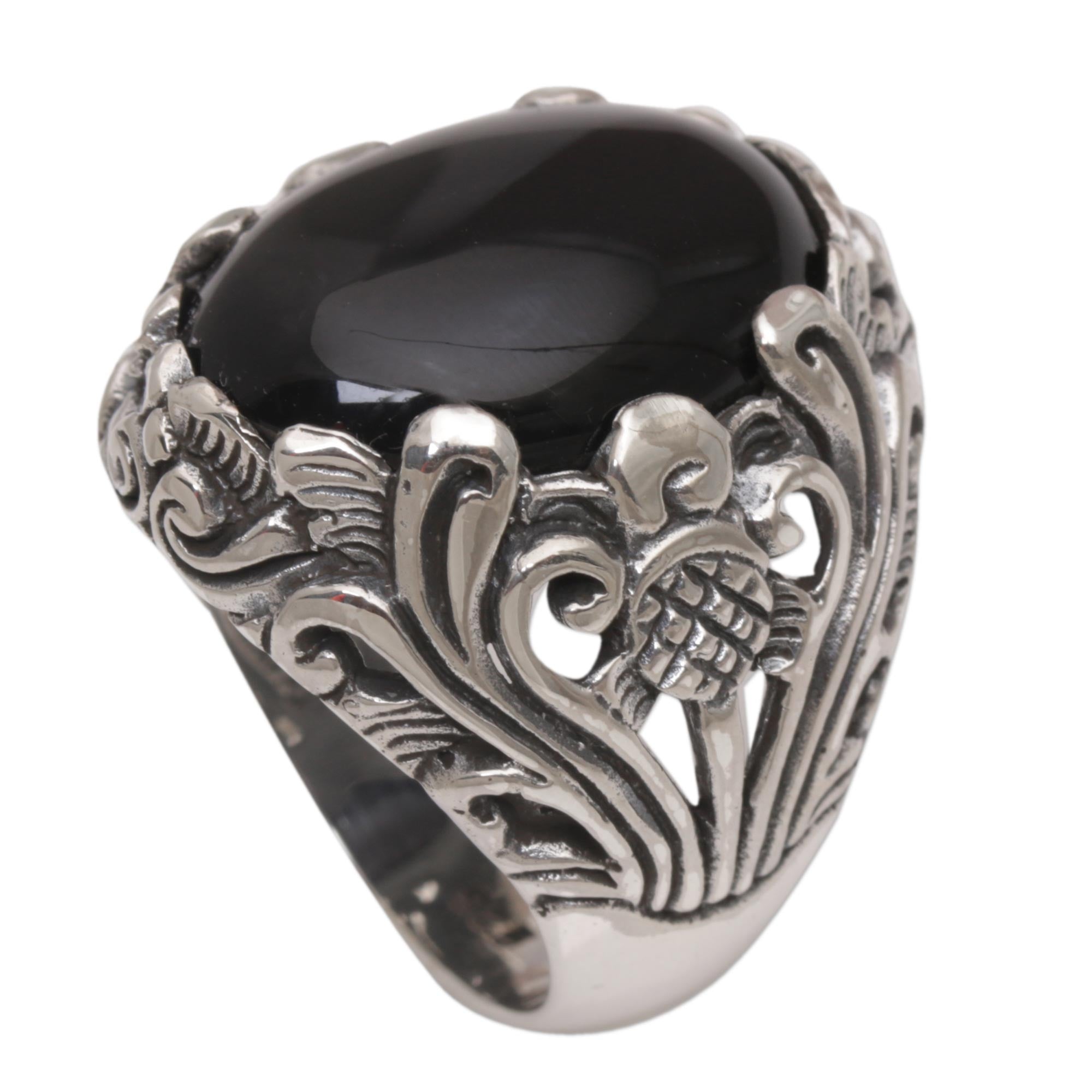 Premium Night Bloom Black Onyx Floral Cocktail Ring