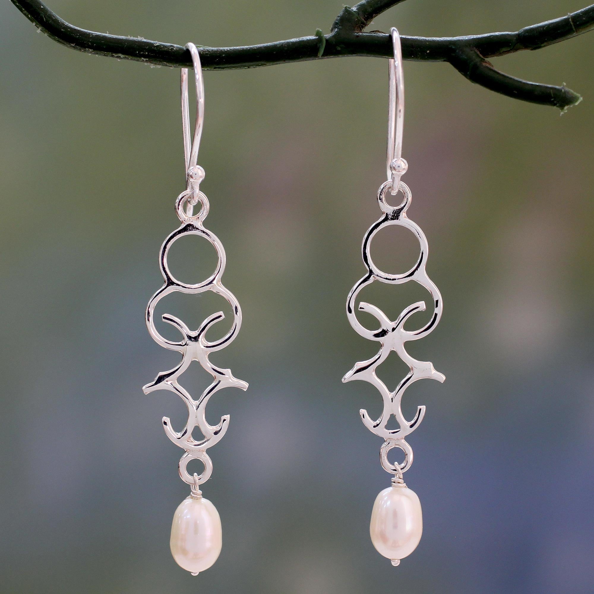 Premium Sterling Silver Trellis Dangle Earrings with Cultured Pearls