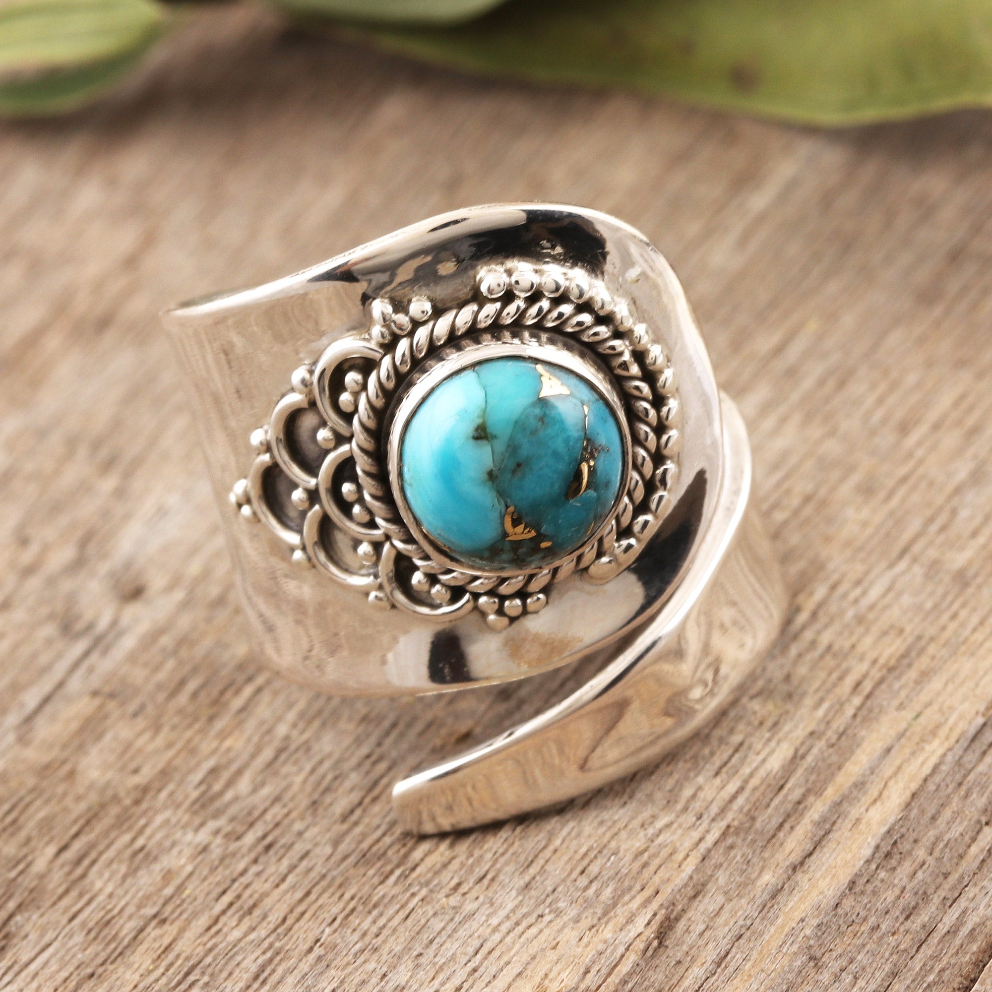 Premium Mermaid Scales Wrap Ring with Turquoise and Sterling Silver