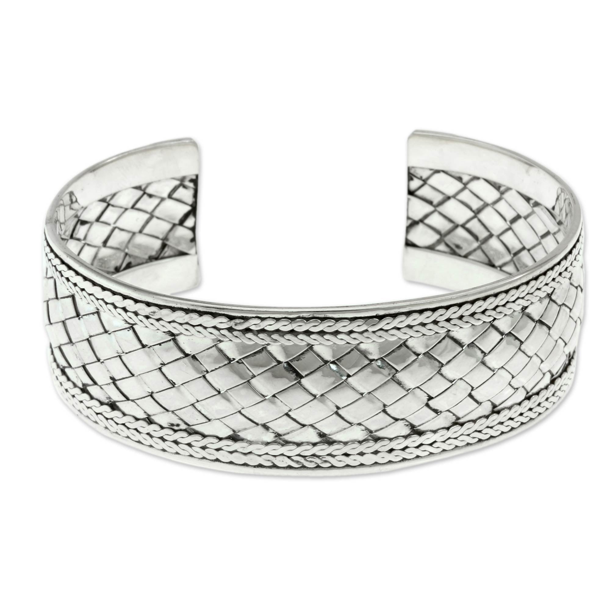 Premium Pandan Woven Sterling Silver Cuff Bracelet - Handcrafted Elegance