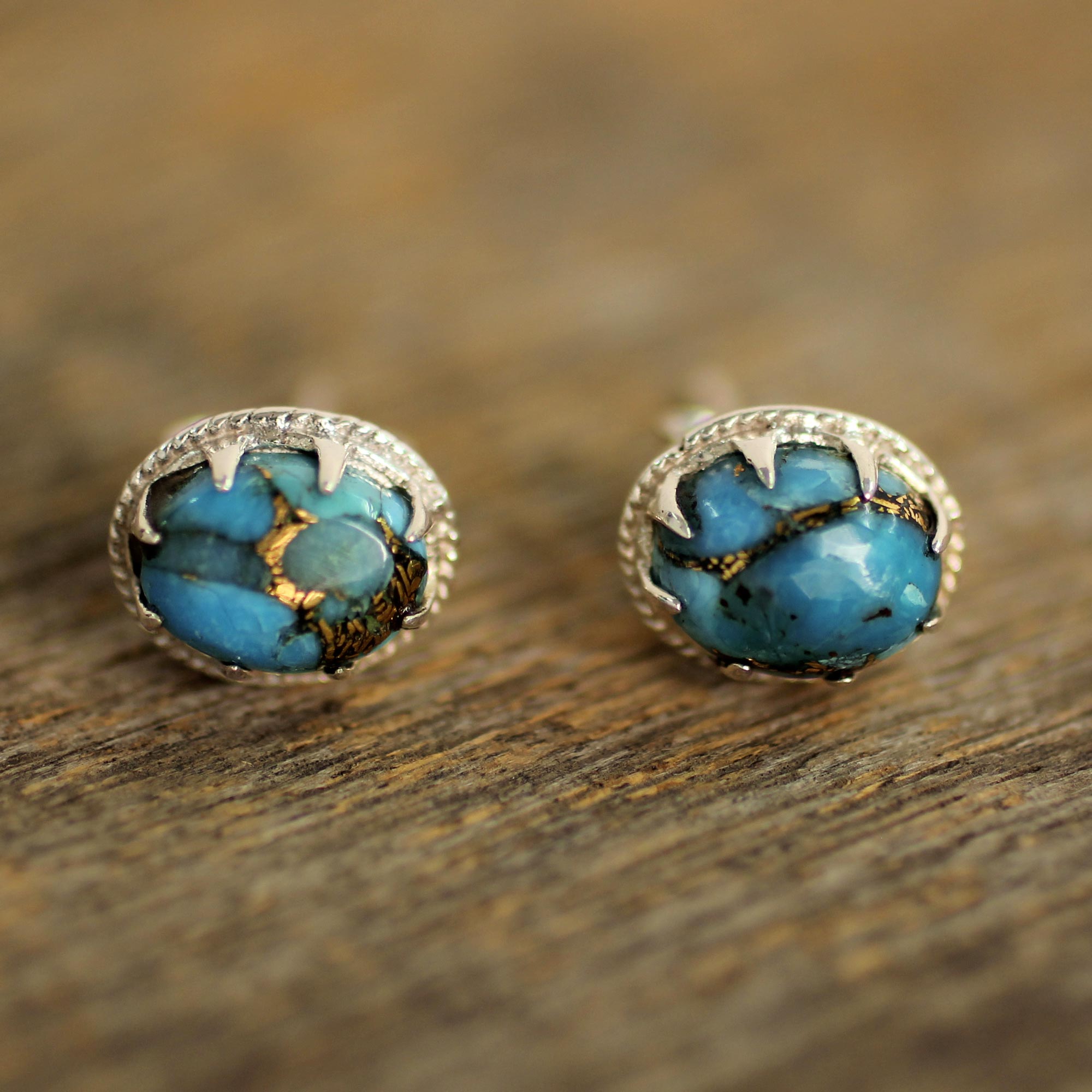 Premium Blue Oval Turquoise & Silver Stud Earrings – Handcrafted Elegance