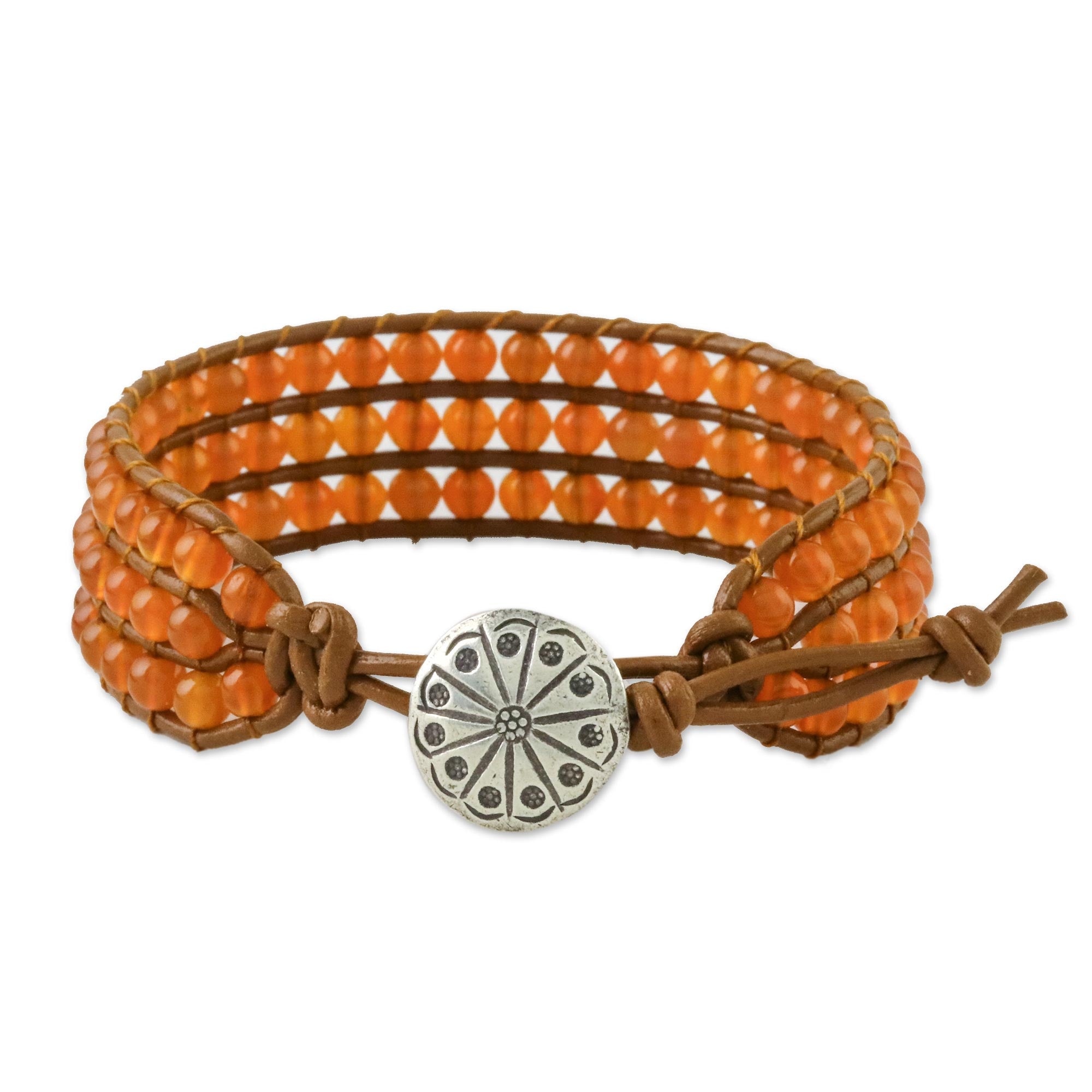 Premium Carnelian & Karen Silver Leather Bracelet - Sunlit Dawn Collection