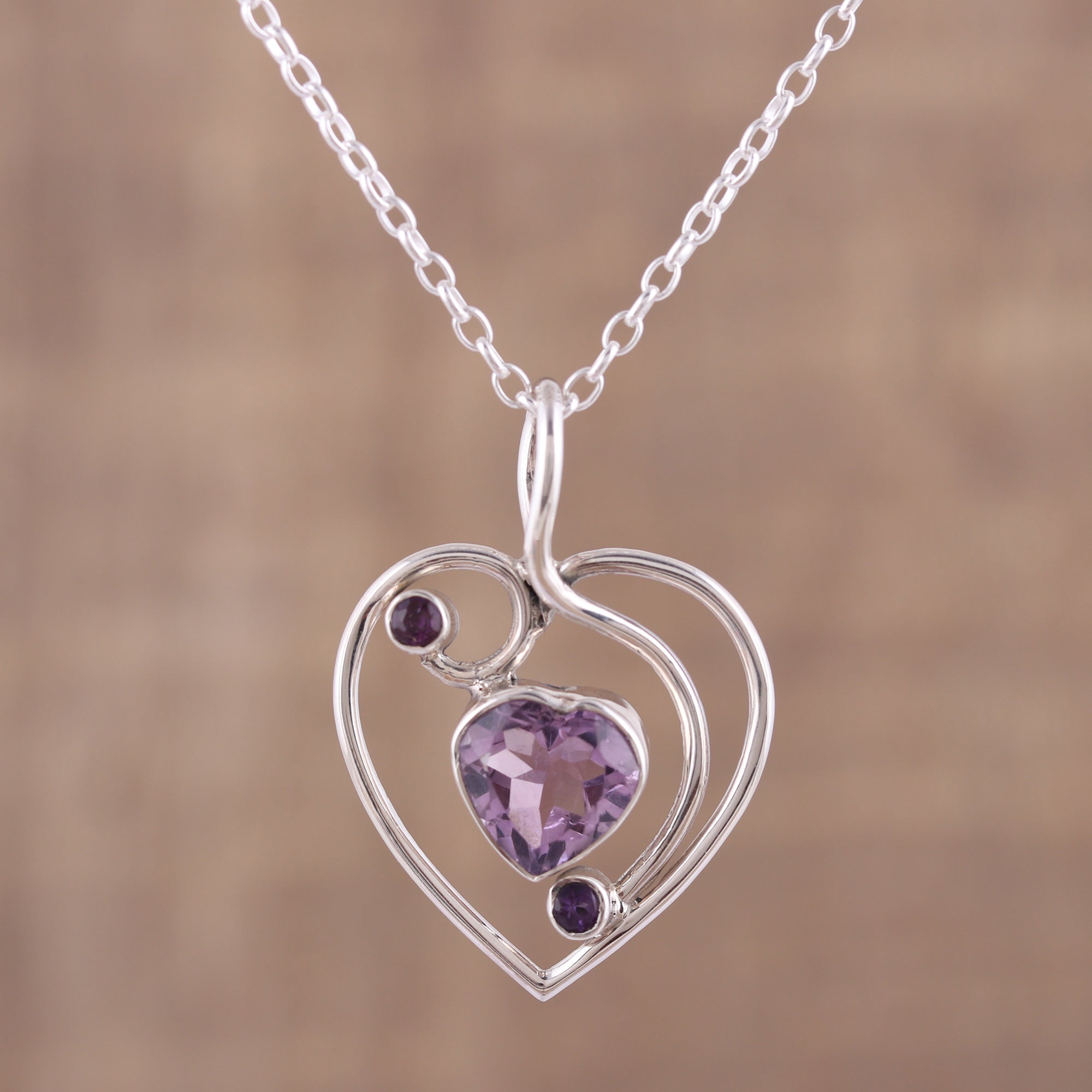 Premium Handcrafted Amethyst and Sterling Silver Heart Pendant Necklace