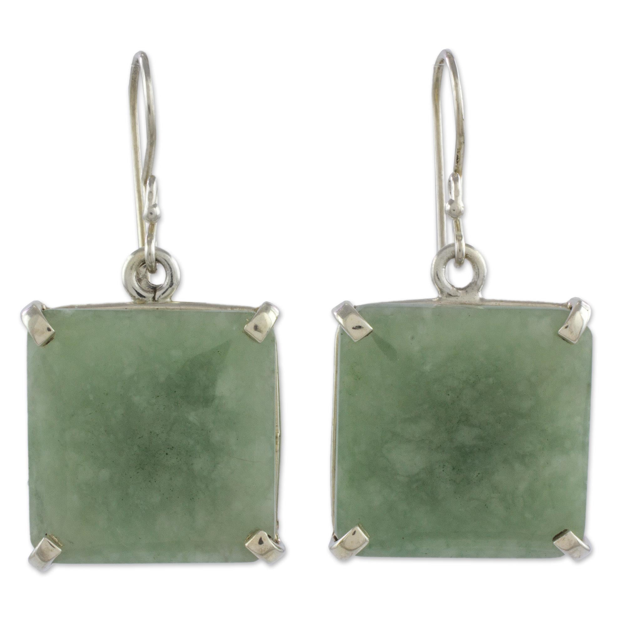 Premium Abstract Square Minimalist Silver and Apple Green Jade Artisan Dangle Earrings