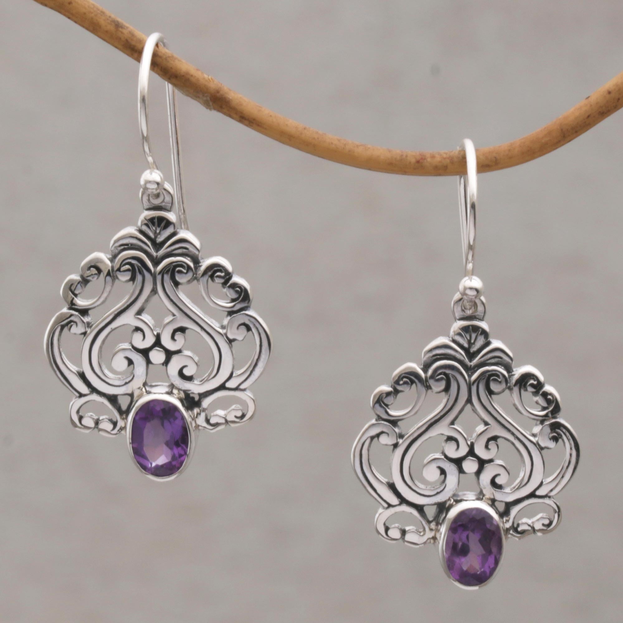 Premium Amethyst Dangle Earrings in Sterling Silver - Handcrafted in Bali