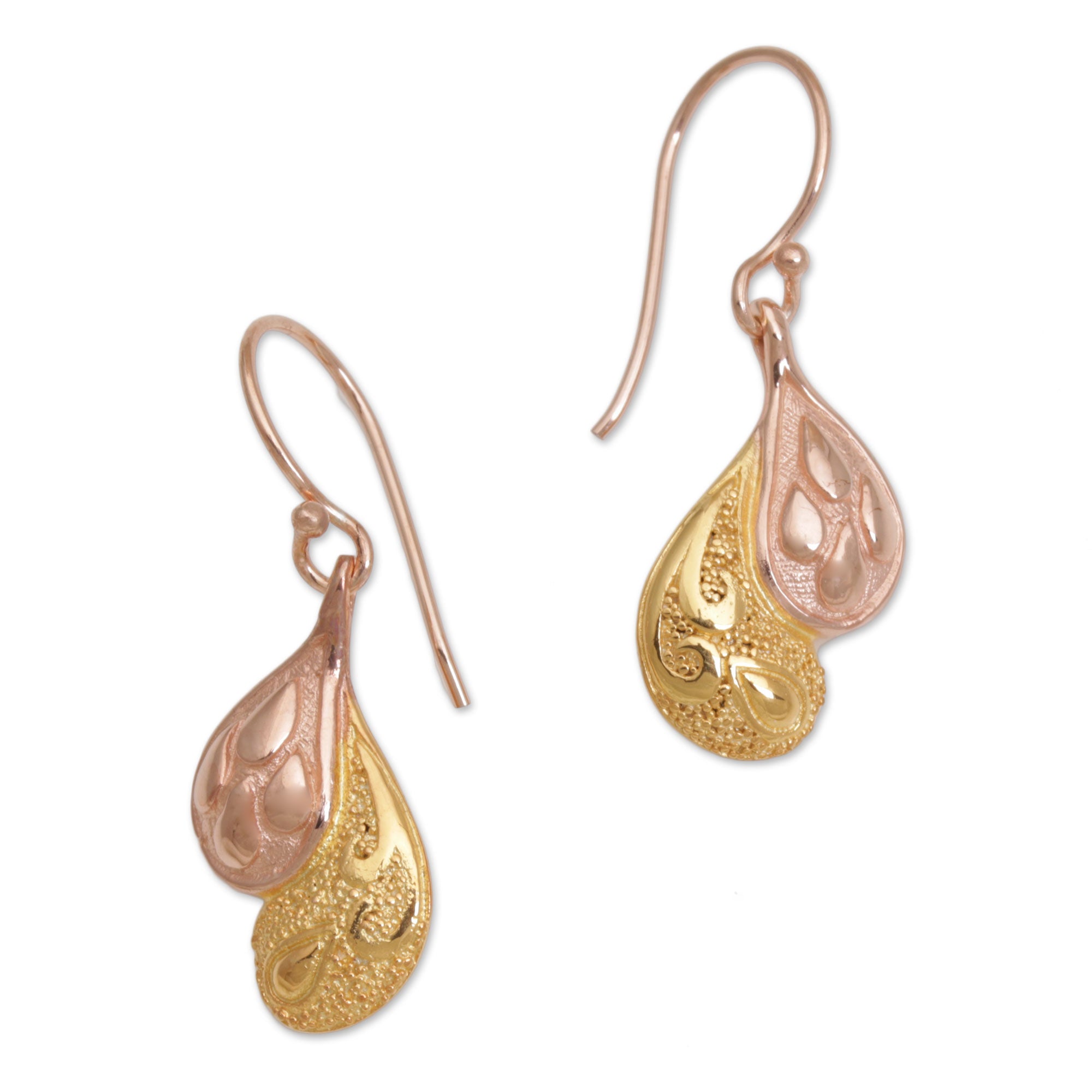 Premium Rosy Paisleys Rose Gold Plated Sterling Silver Dangle Earrings - Handcrafted in Bali