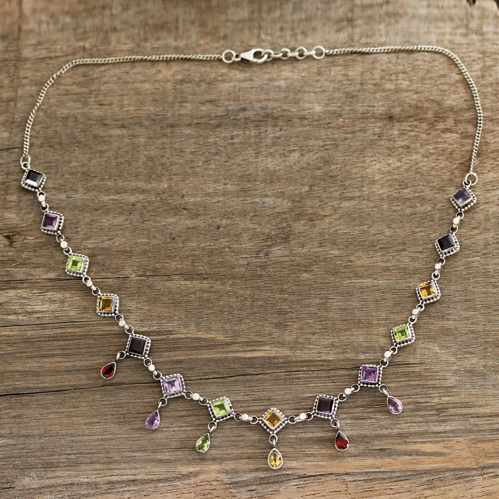 Premium Shimmering Light Multi-Gemstone Link Necklace - Handcrafted in India