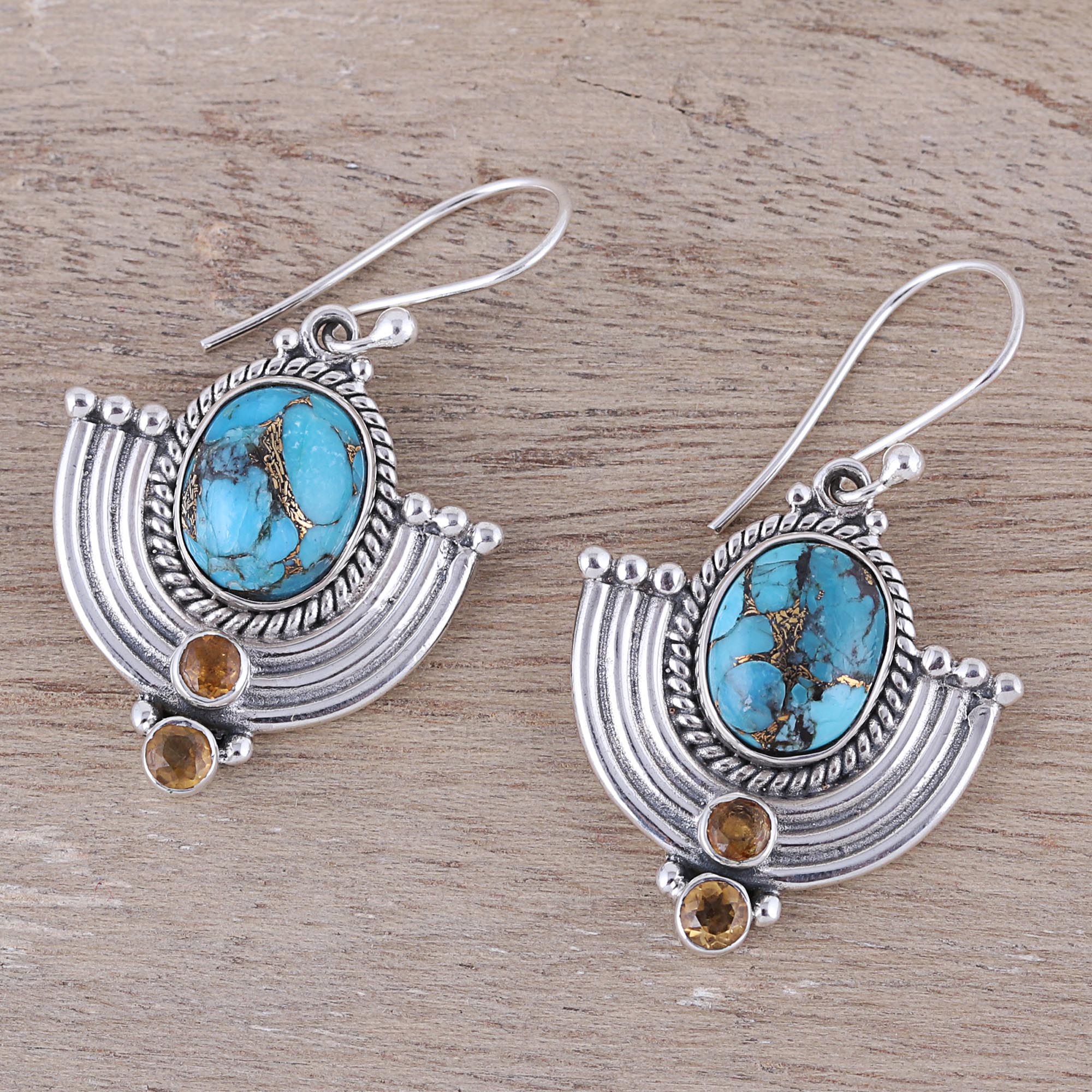 Premium Blue Flame Citrine & Turquoise Dangle Earrings - Handcrafted Sterling Silver