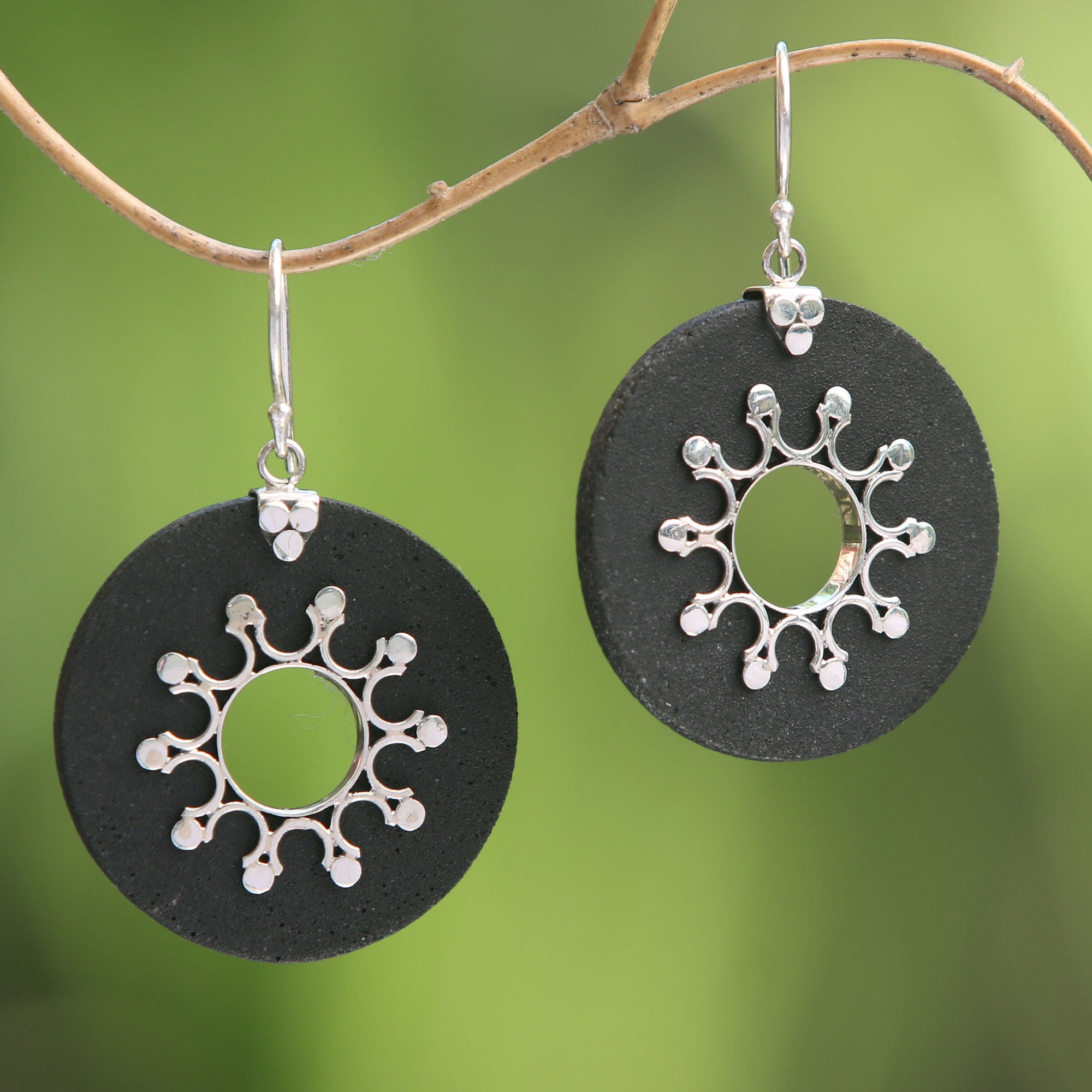 Premium Dark Sun Sterling Silver Lava Stone Dangle Earrings