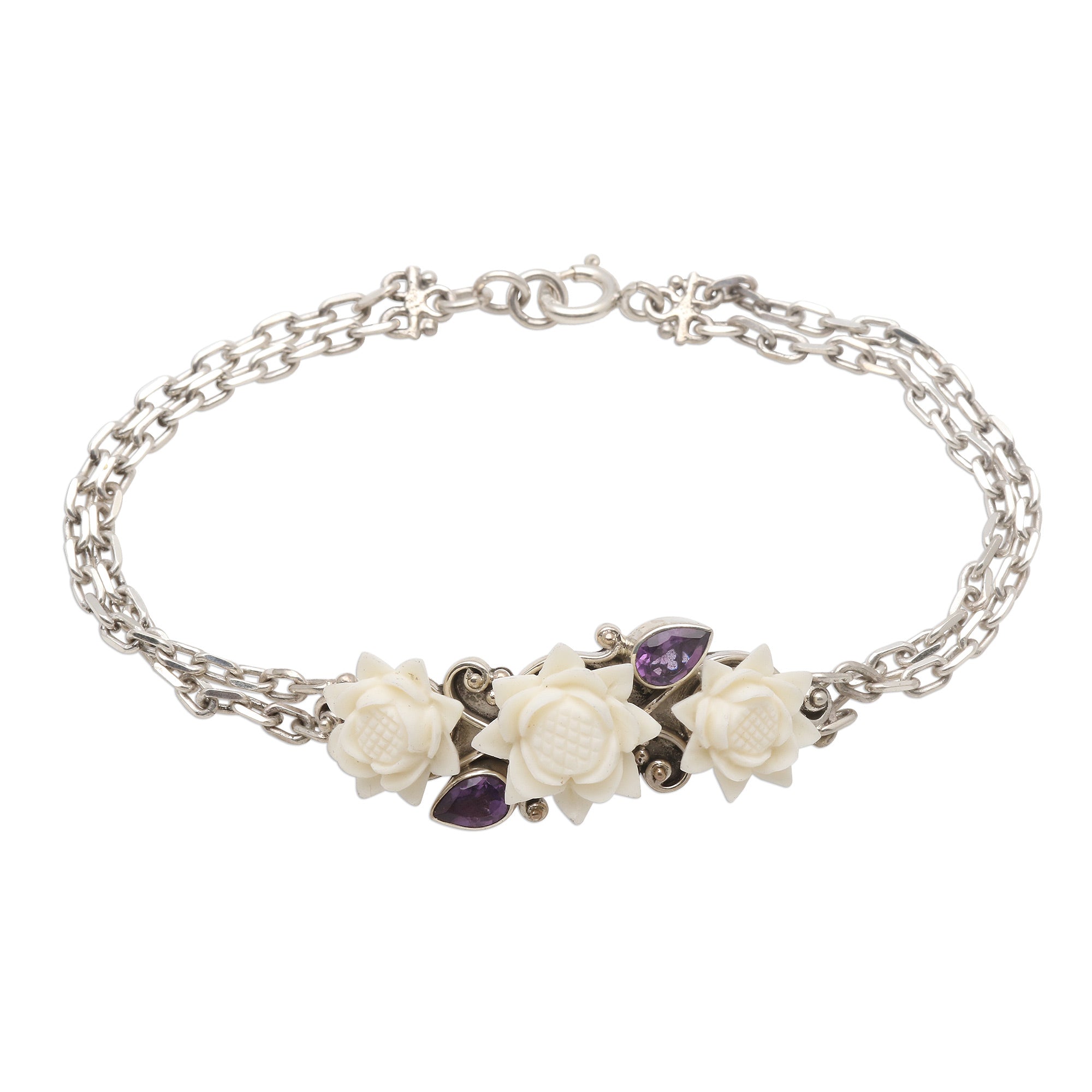 Premium Ivory Lotus Bracelet - Handcrafted Silver & Amethyst with Bone Flowers