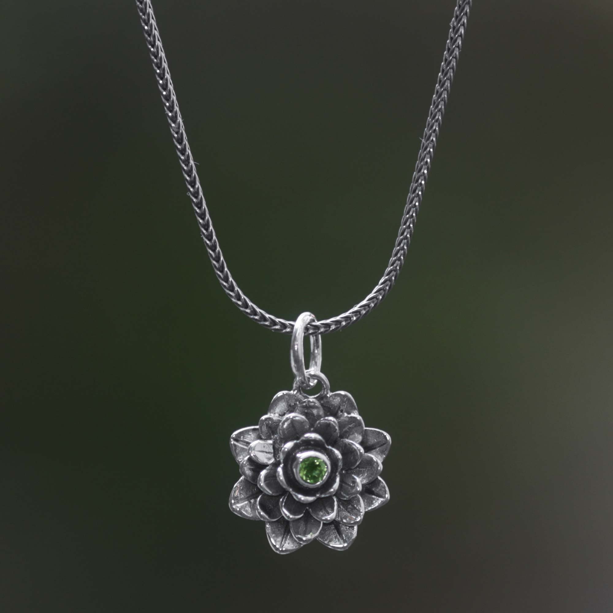 Premium Sacred Green Lotus Sterling Silver Pendant Necklace with Peridot