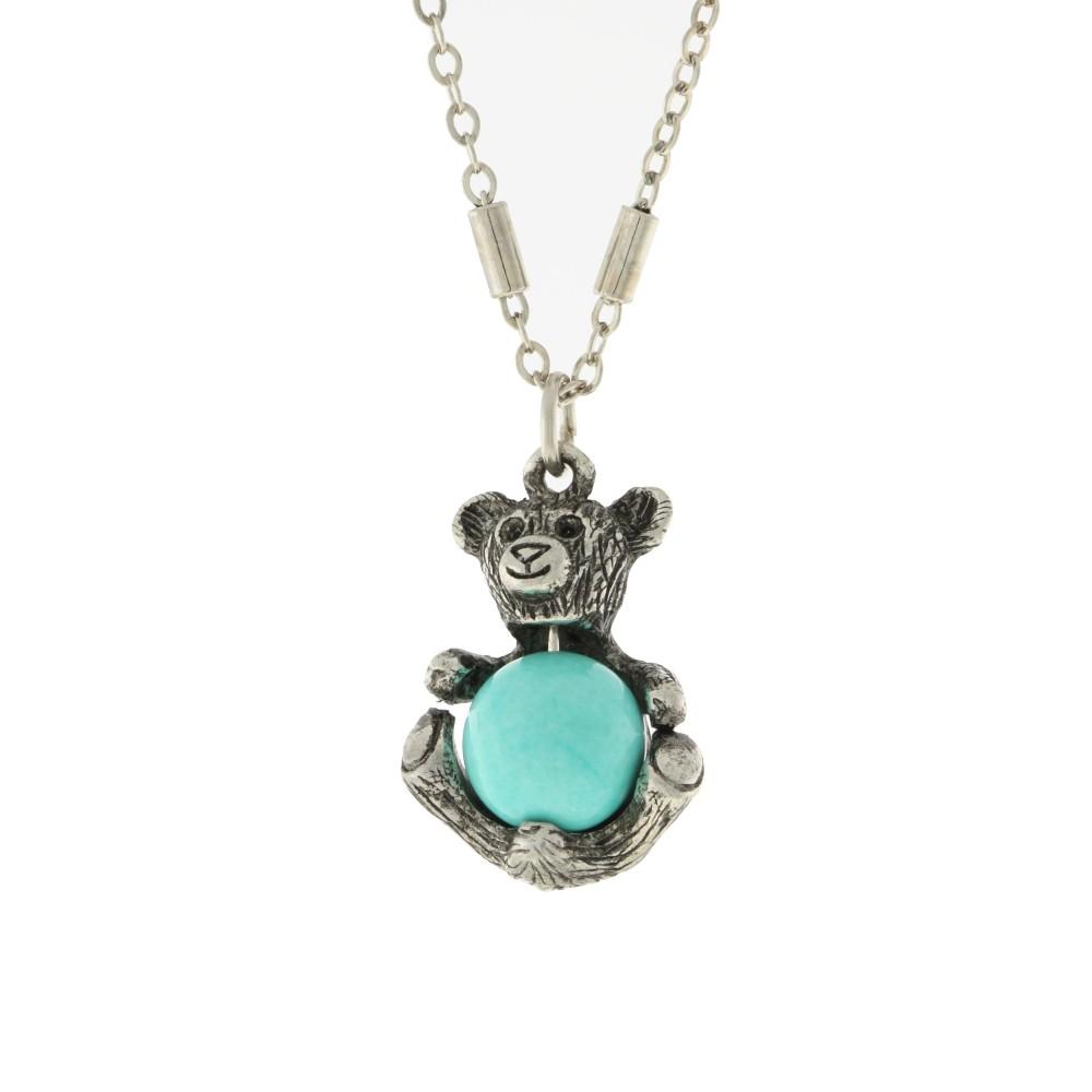 Premium 1928 Jewelry® Pewter Teddy Bear Necklace with Turquoise Stone - Adjustable 16