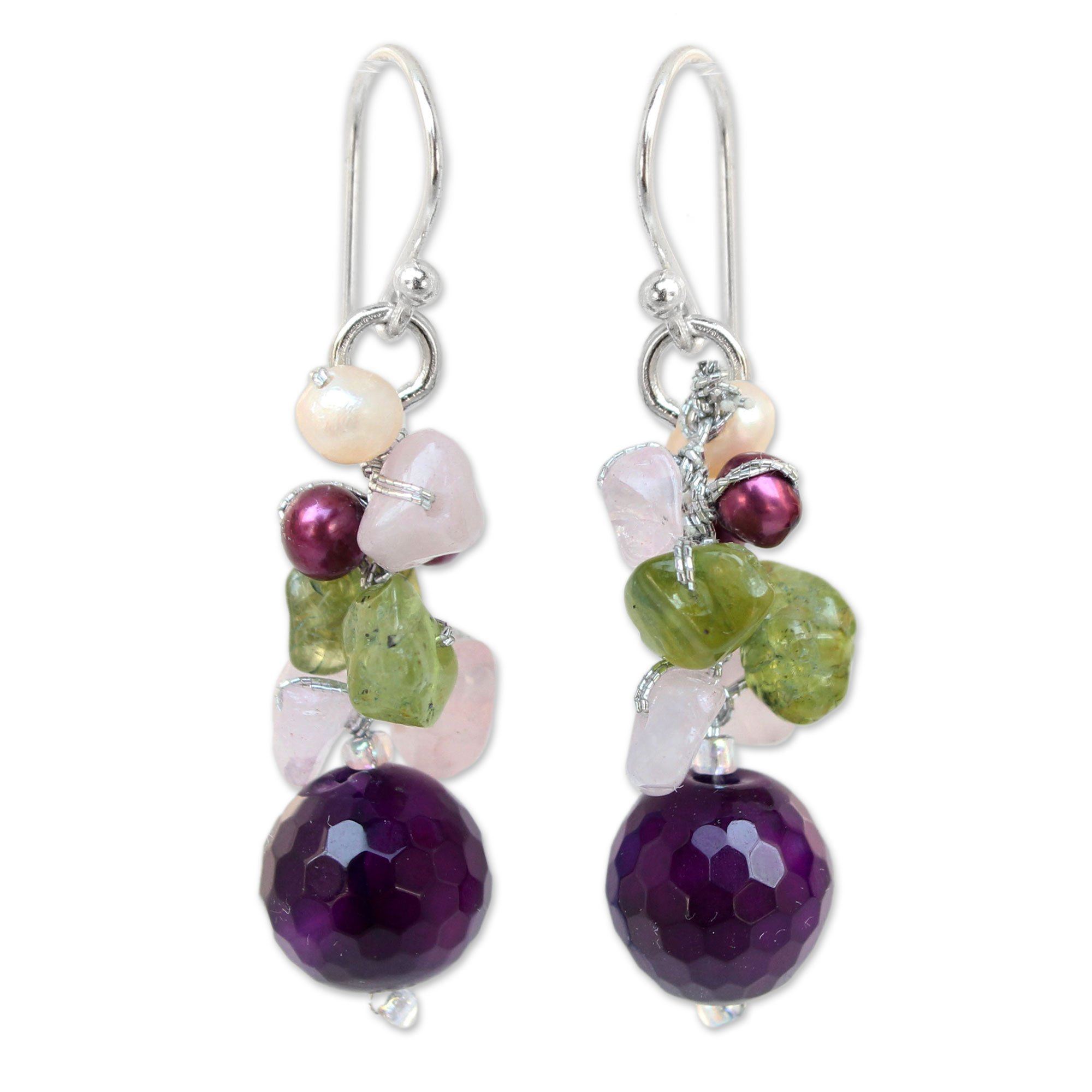 Premium Gemstone & Pearl Cluster Earrings - Handcrafted Elegance