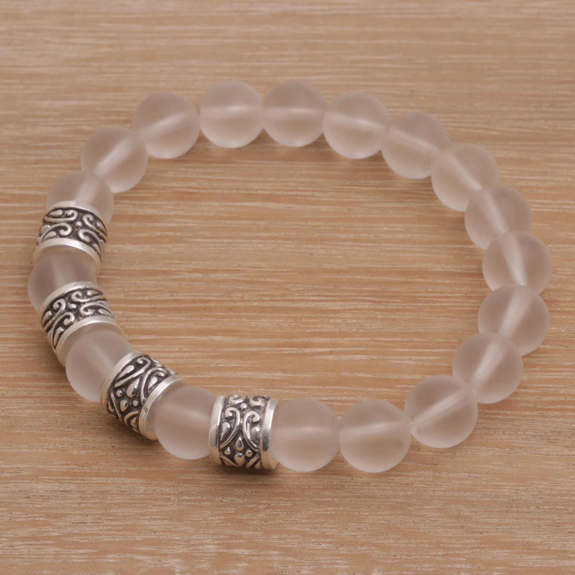 Premium Quartz & Sterling Silver Beaded Stretch Bracelet - Handcrafted Elegance