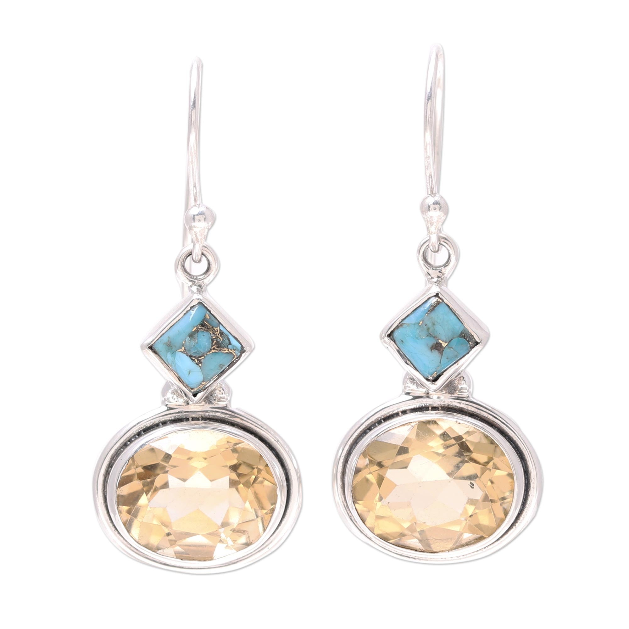 Premium Watery Gold Nine-Carat Citrine & Turquoise Dangle Earrings