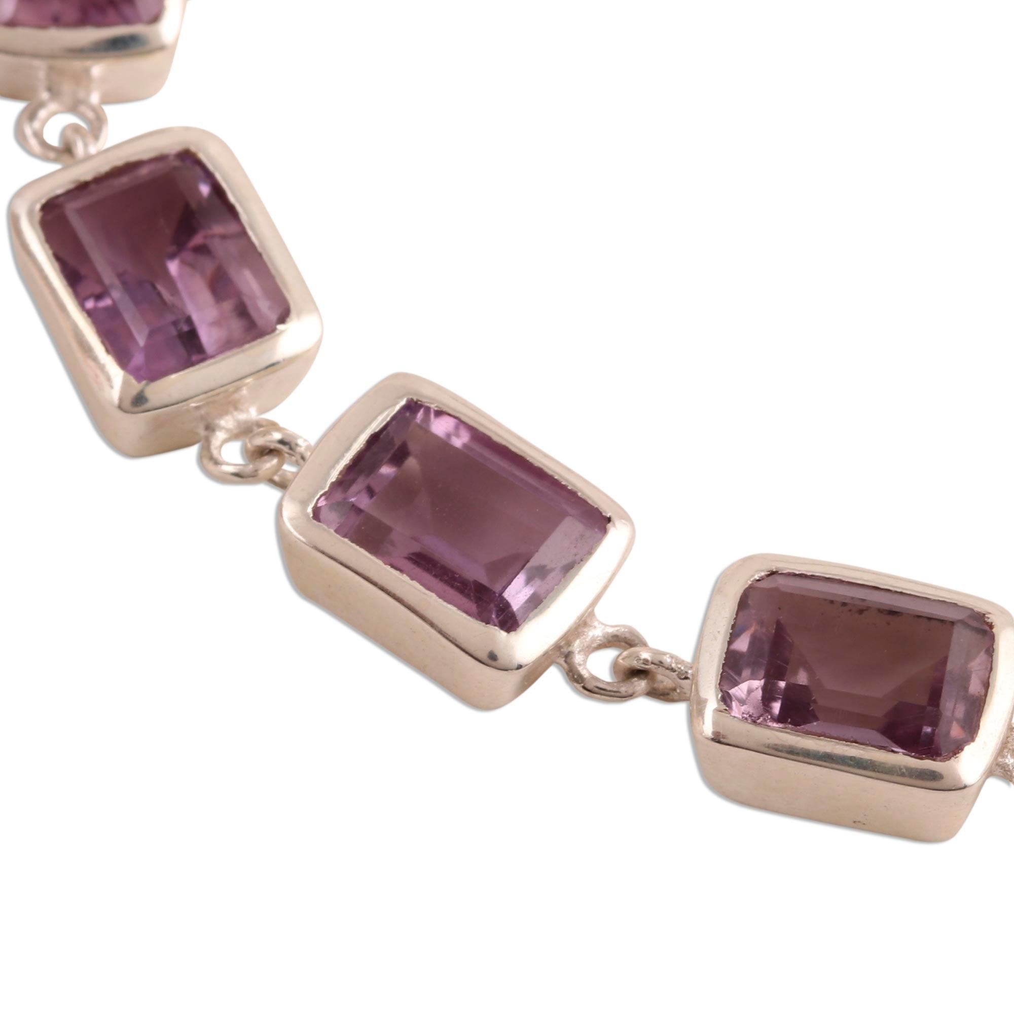 Premium Royal Rectangles Amethyst Bracelet - Handcrafted Sterling Silver Jewelry from India