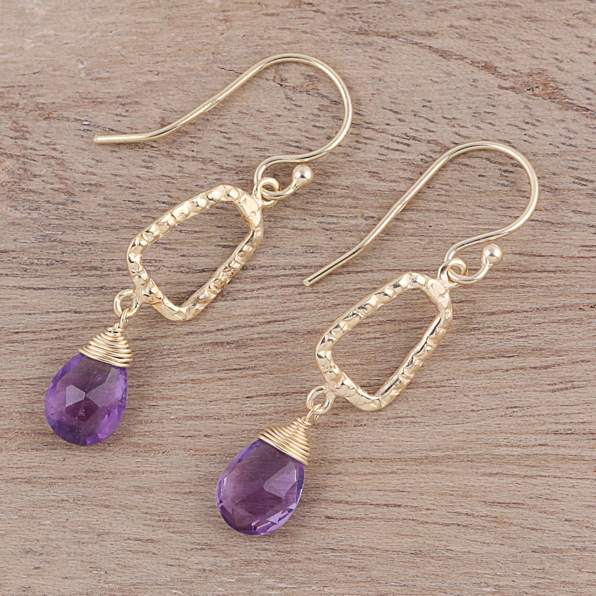 Premium 18k Gold Plated Amethyst Dangle Earrings - Handcrafted in India