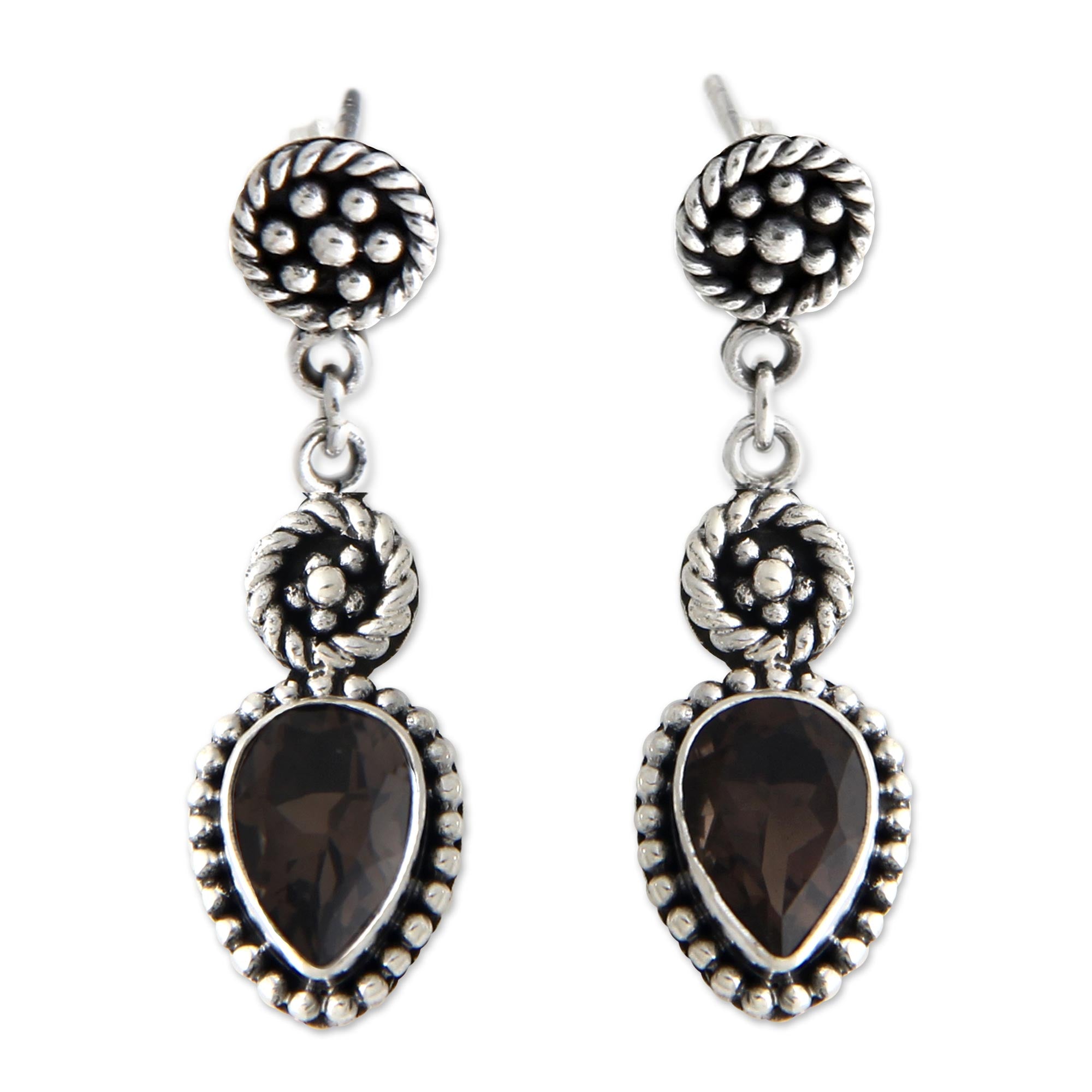 Premium Balinese Jackfruit Sterling Silver Earrings with Smoky Quartz