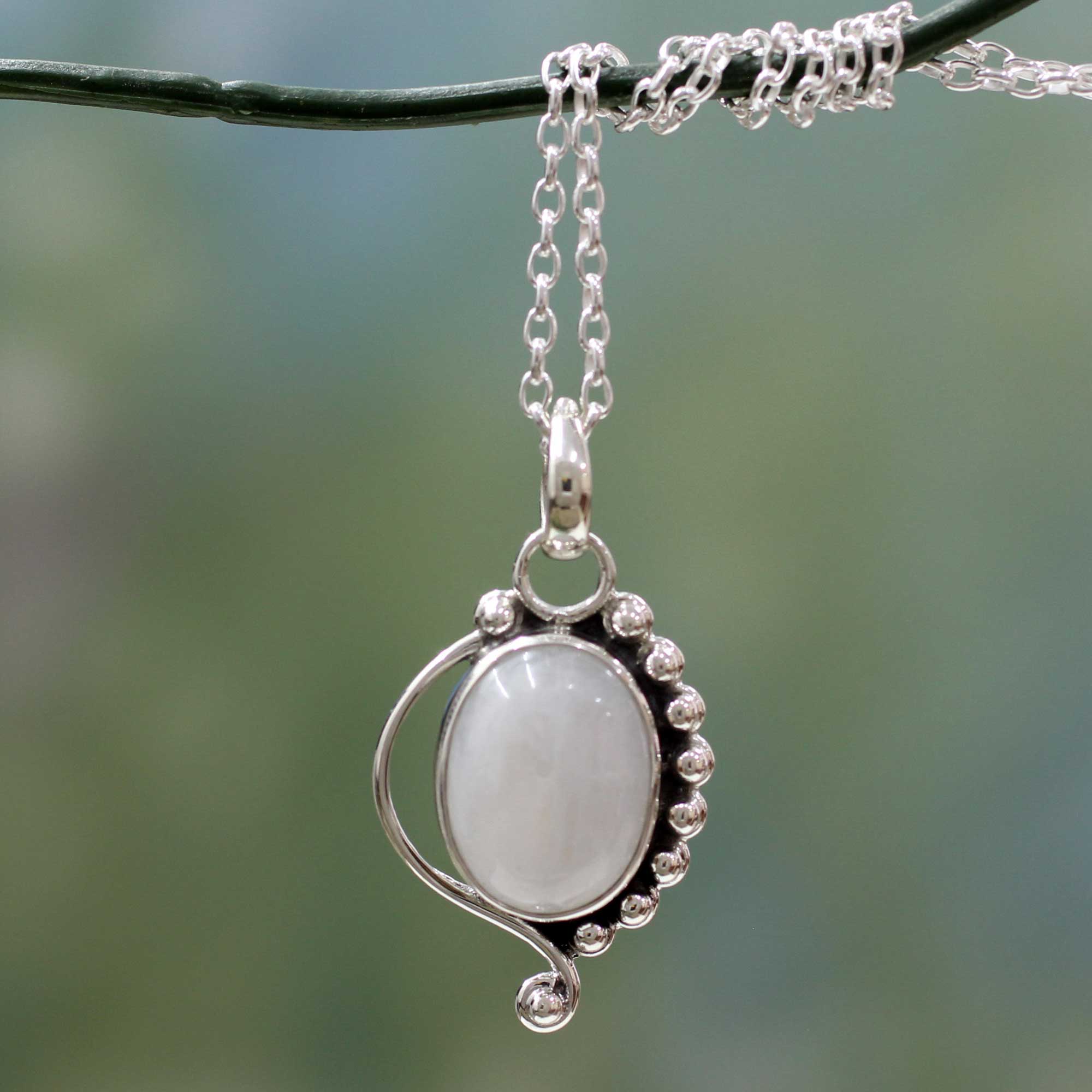 Premium Indian Paisley Moonstone Pendant Necklace - Sterling Silver