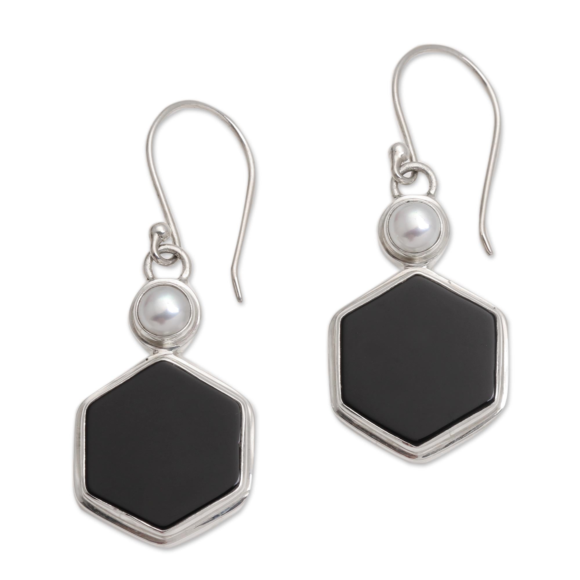 Premium Onyx and Cultured Pearl Hexagonal Dangle Earrings - Mutiara Collection