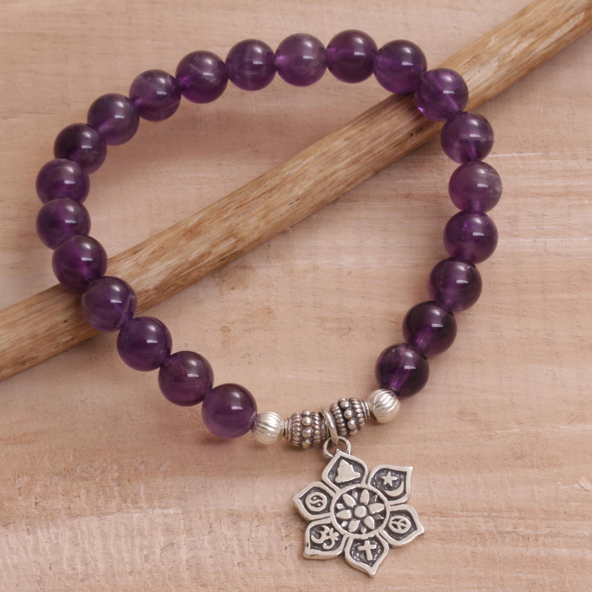 Premium Unity Flower Amethyst Bracelet - Handcrafted Spiritual Jewelry from Bali