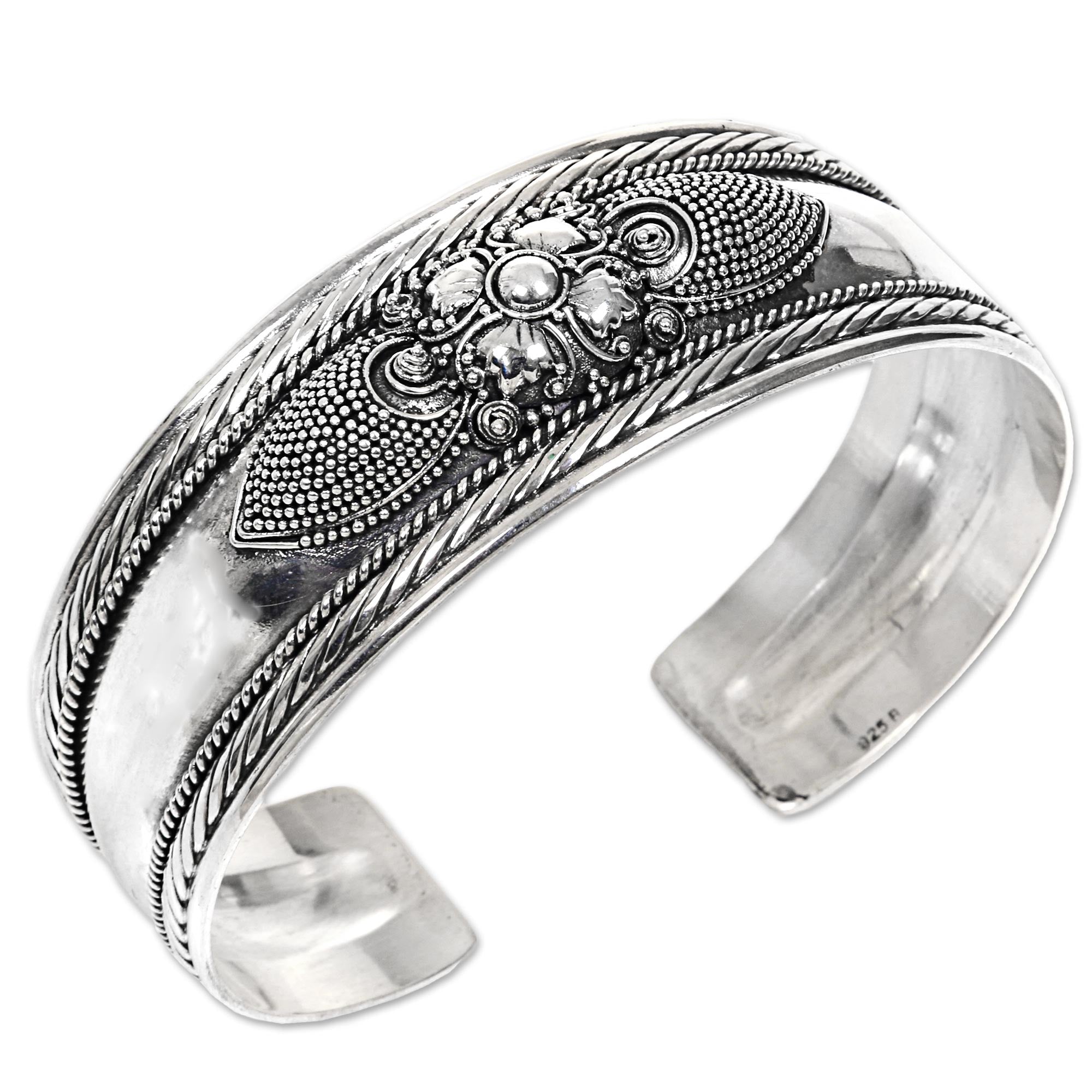 Premium Sterling Silver Flower Cuff Bracelet - Handcrafted in Indonesia