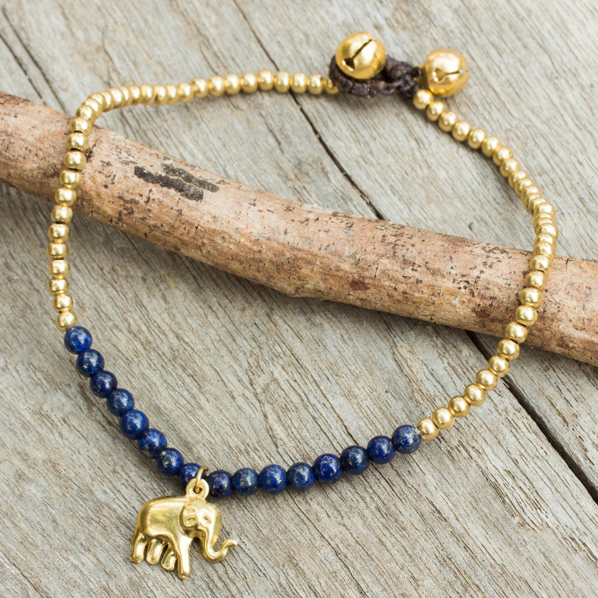 Premium Lapis Lazuli Elephant Charm Adjustable Brass Anklet with Bells