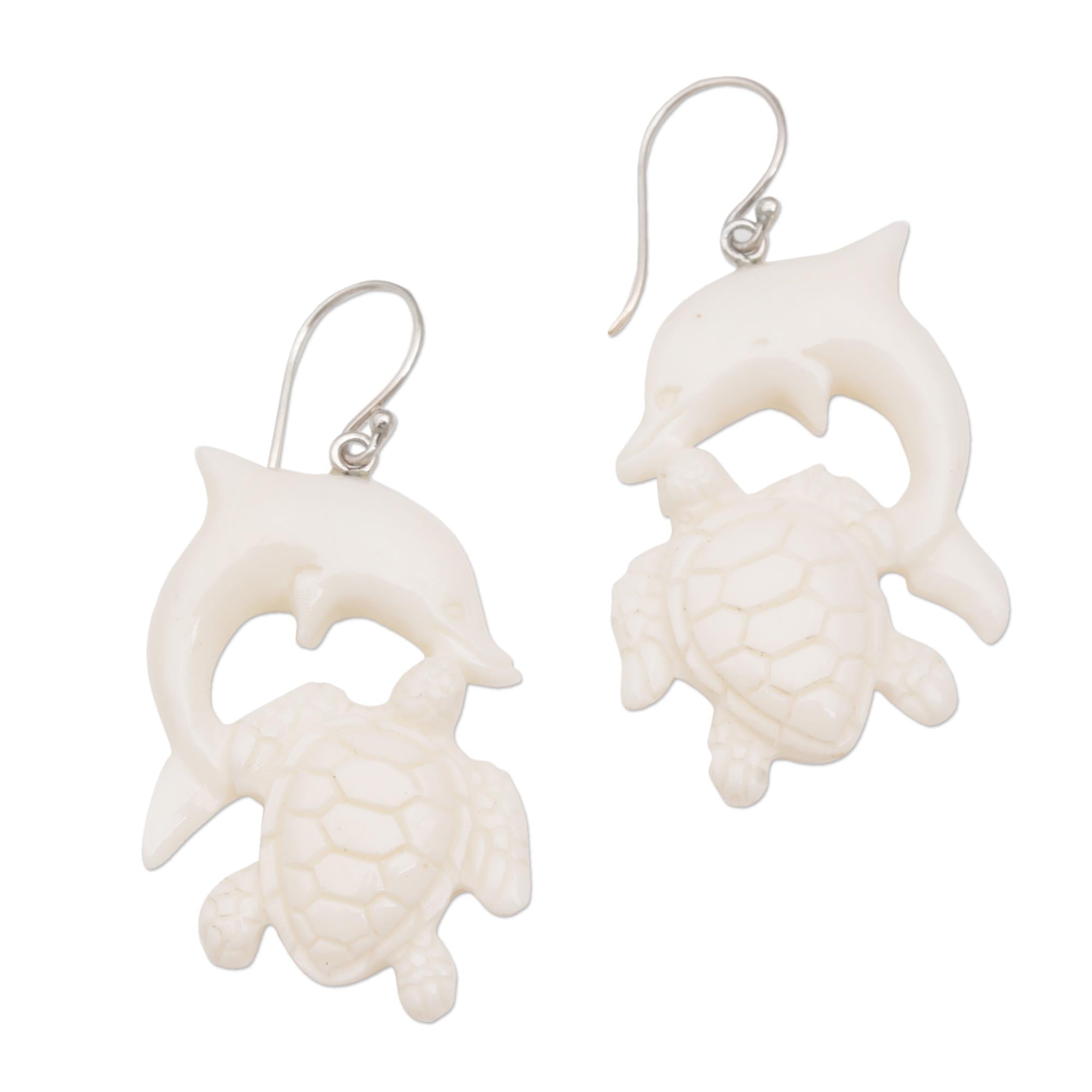 Premium Oceanic Elegance: Dolphin & Tortoise Bone Dangle Earrings