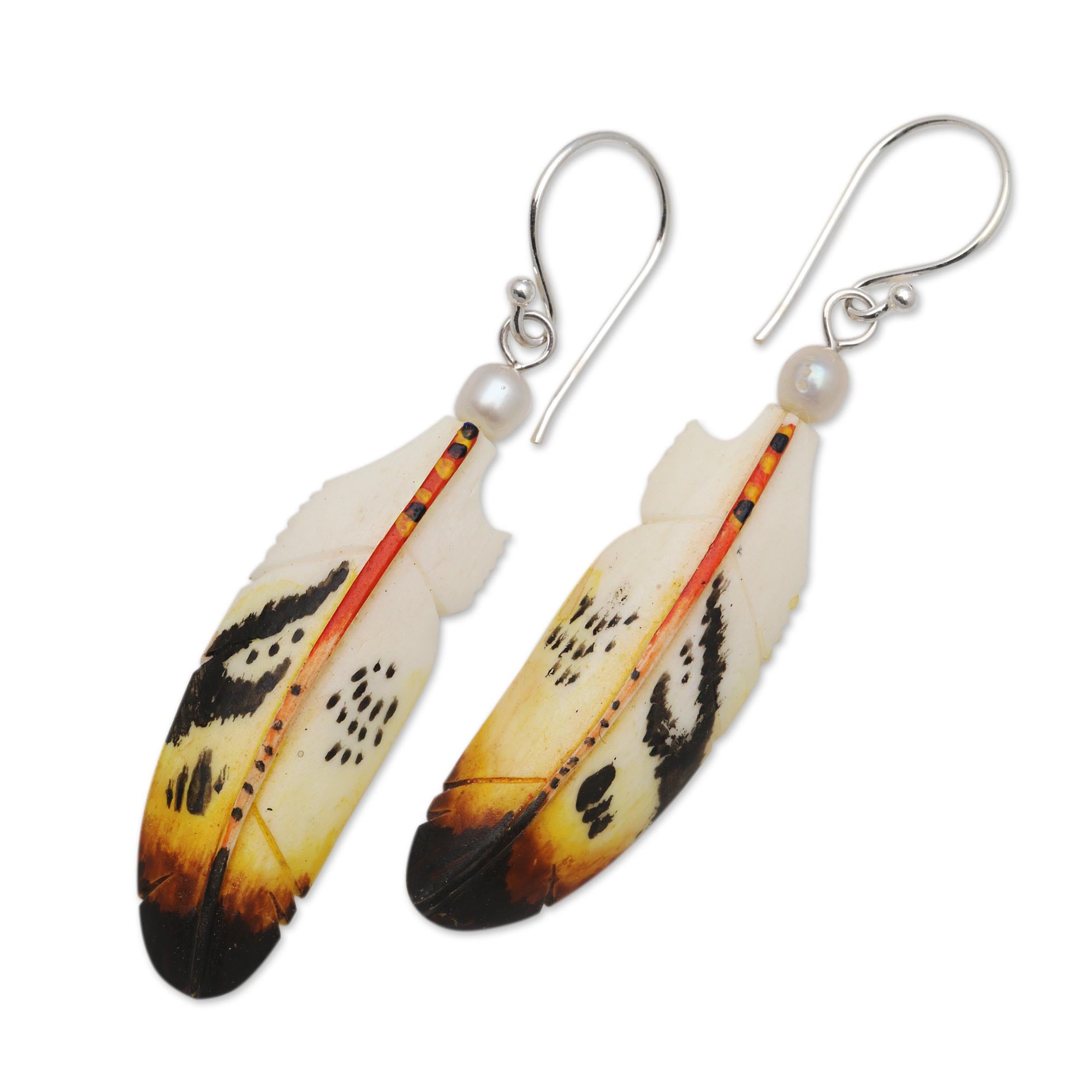 Premium Bali Handcrafted Feather Dangle Earrings with Cultured Pearls