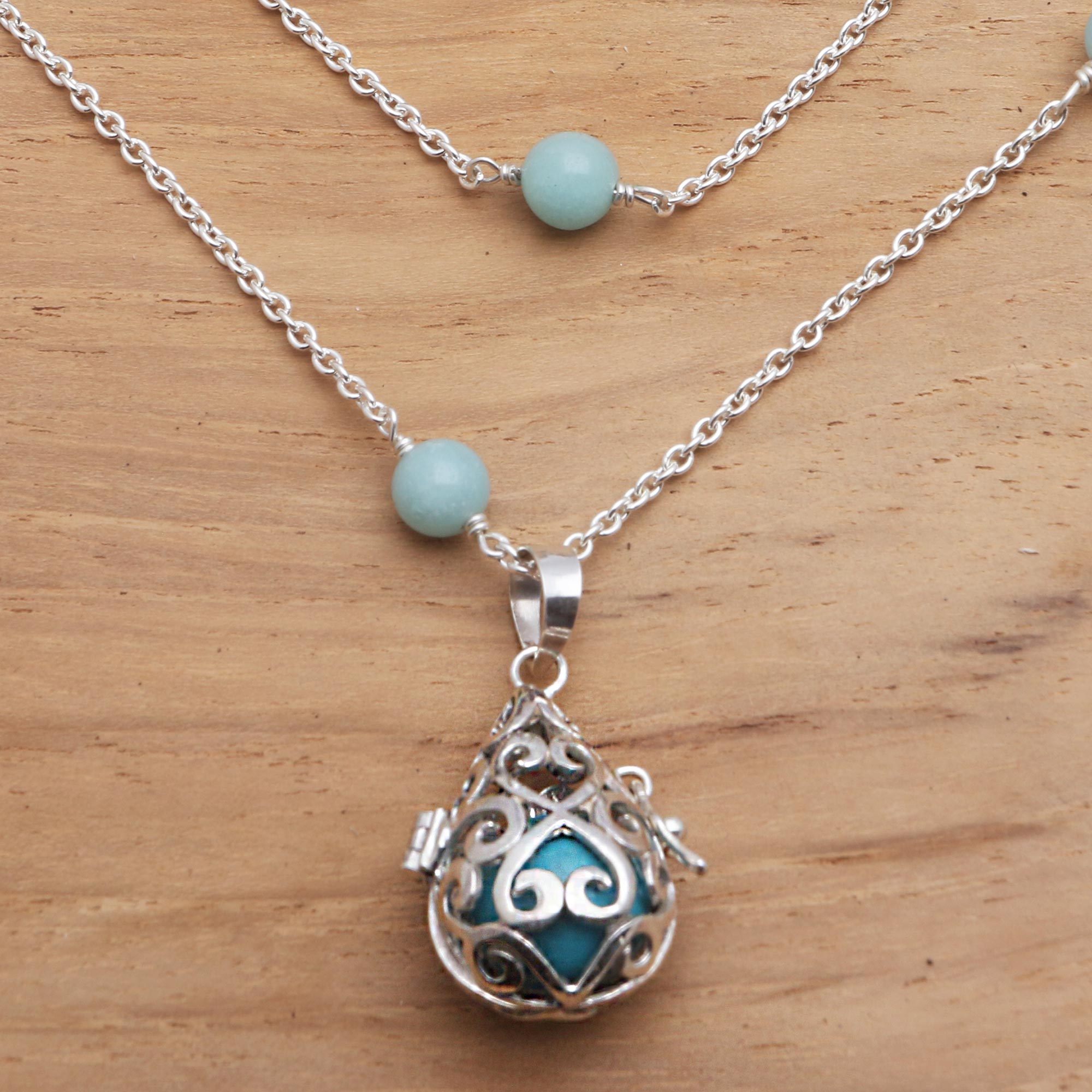 Premium Angel Chime Necklace - Blue Enamel & Amazonite Harmony Ball