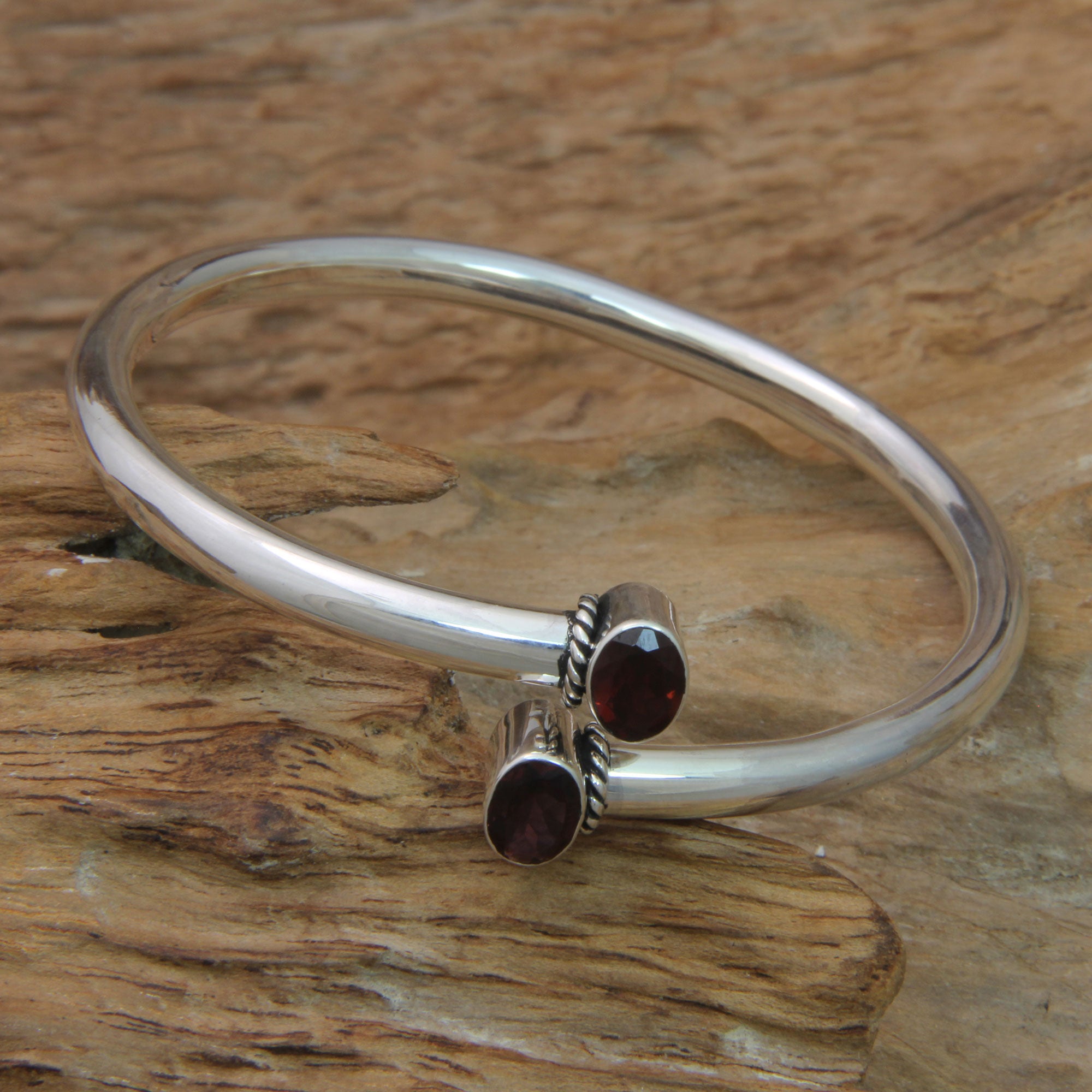 Premium Bound To You Balinese Garnet & Sterling Silver Bangle Bracelet