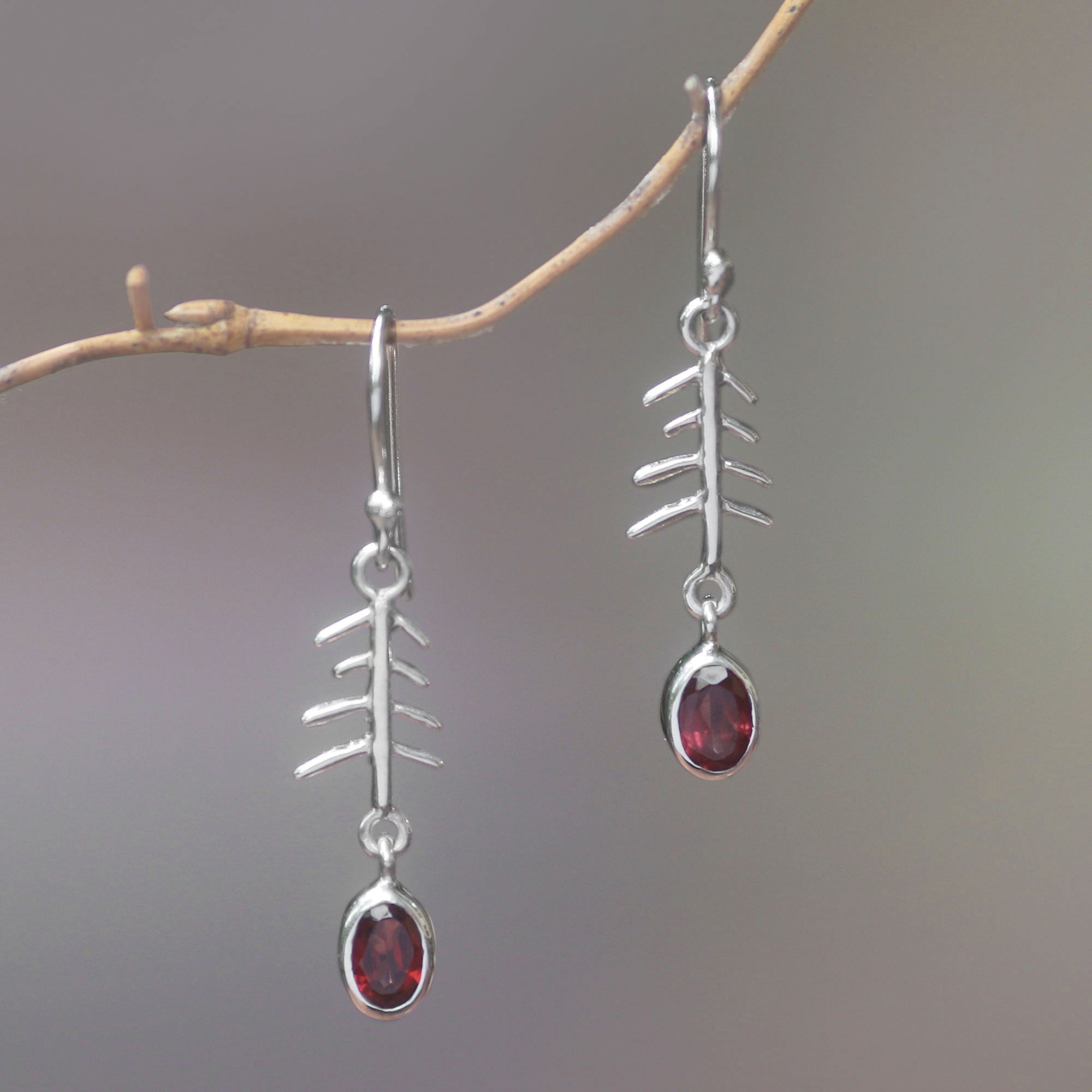 Premium Winter Branches Garnet Dangle Earrings - Sterling Silver Elegance