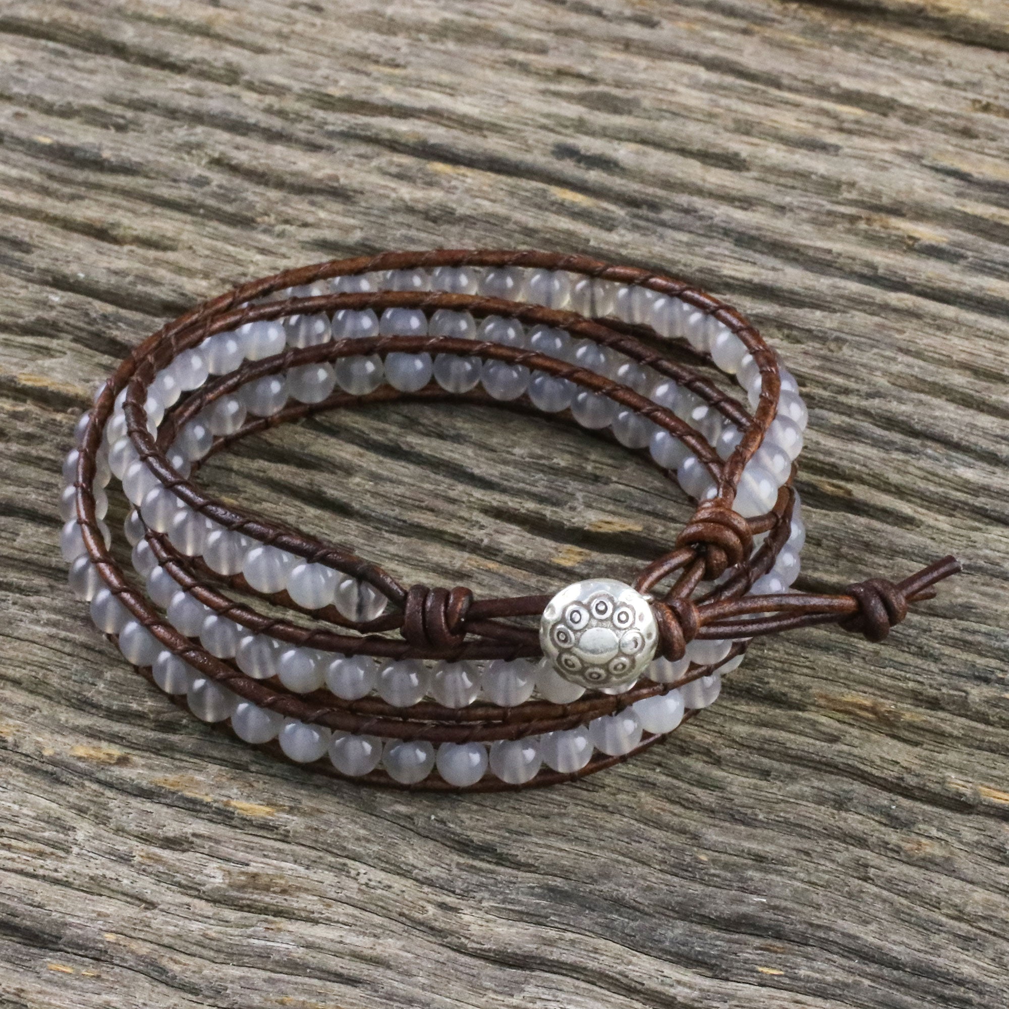 Premium Spring Fog Chalcedony Leather Wrap Bracelet – Handcrafted in Thailand