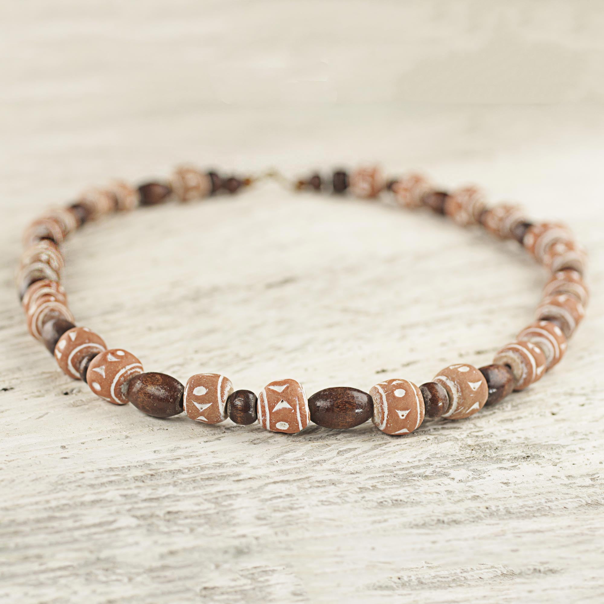 Premium Oheneyire Handcrafted Beaded Necklace - Sese Wood & Terracotta