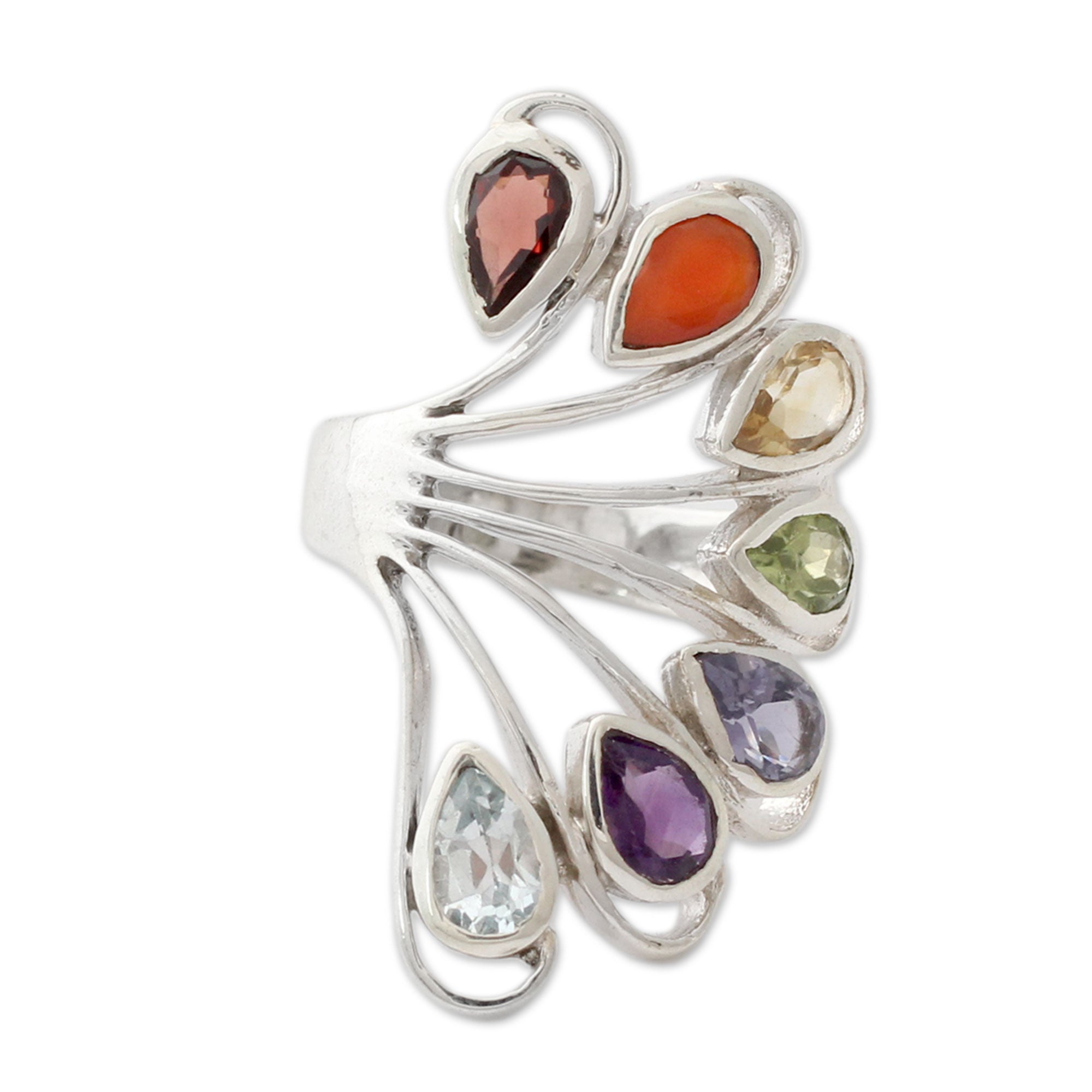 Premium Chakra Harmony Multi-Gemstone Silver Ring - Ultimate Spiritual Jewelry from India