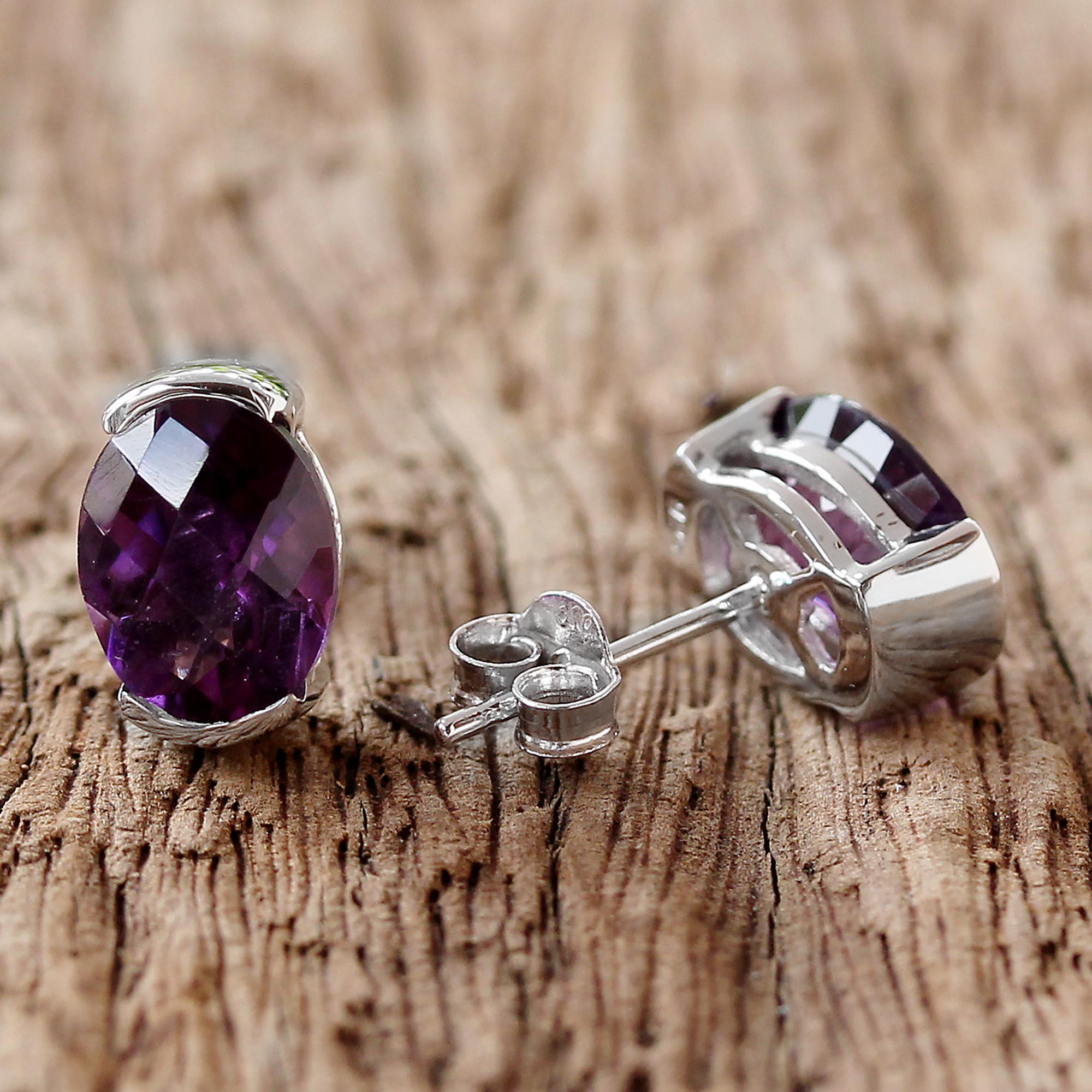 Premium Amethyst Sterling Silver Stud Earrings - Elegant Thai Design