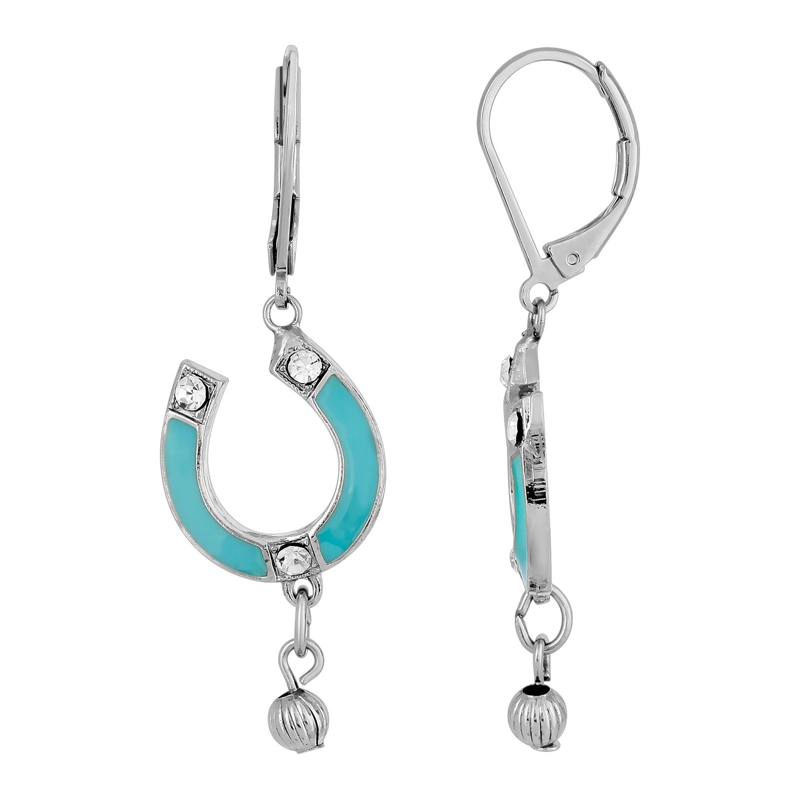 Premium 1928 Jewelry® Silver-Tone Turquoise Enamel Horsehoe Drop Earrings with Crystal Accents