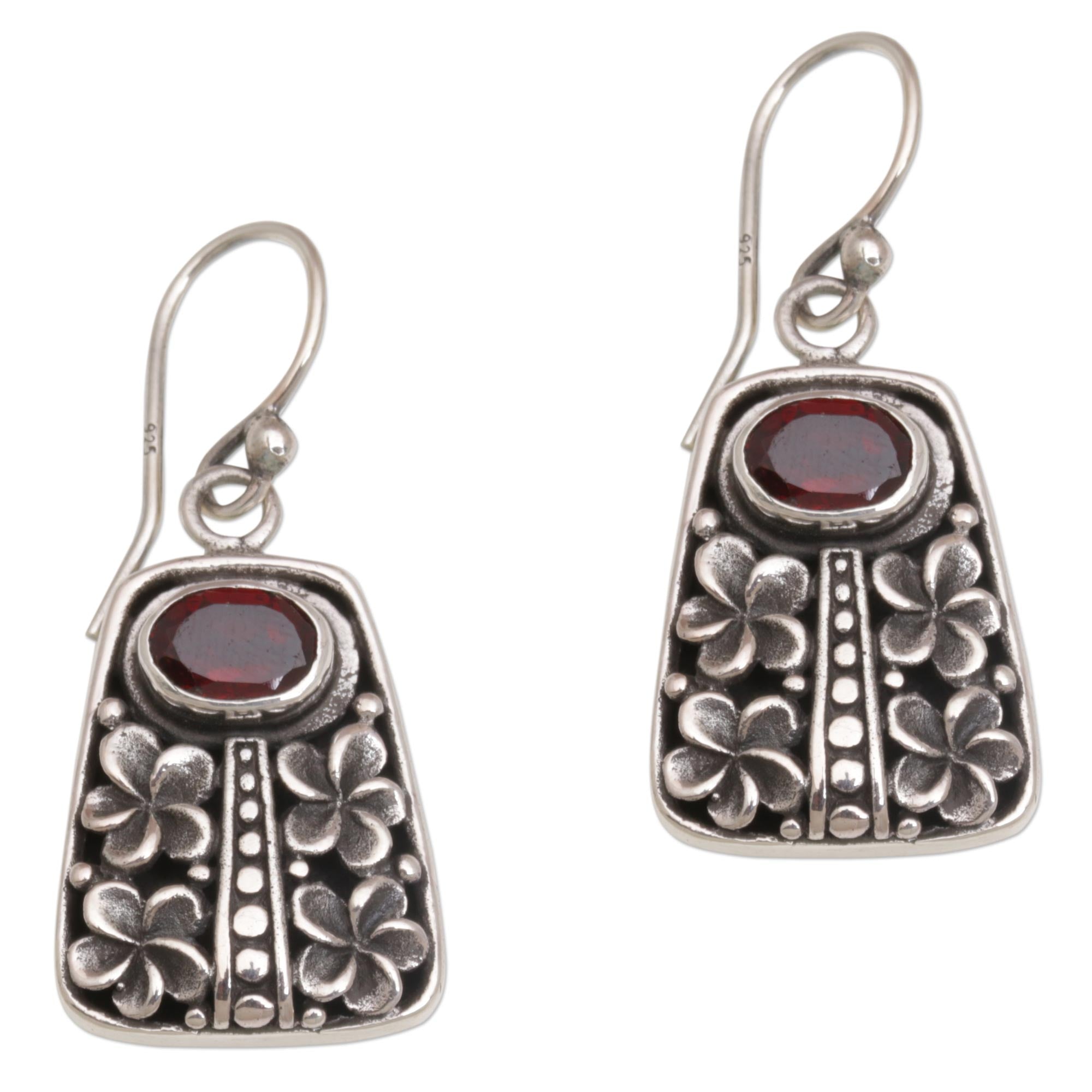 Premium Pura Garnet & Sterling Silver Floral Dangle Earrings from Bali - Handcrafted Elegance