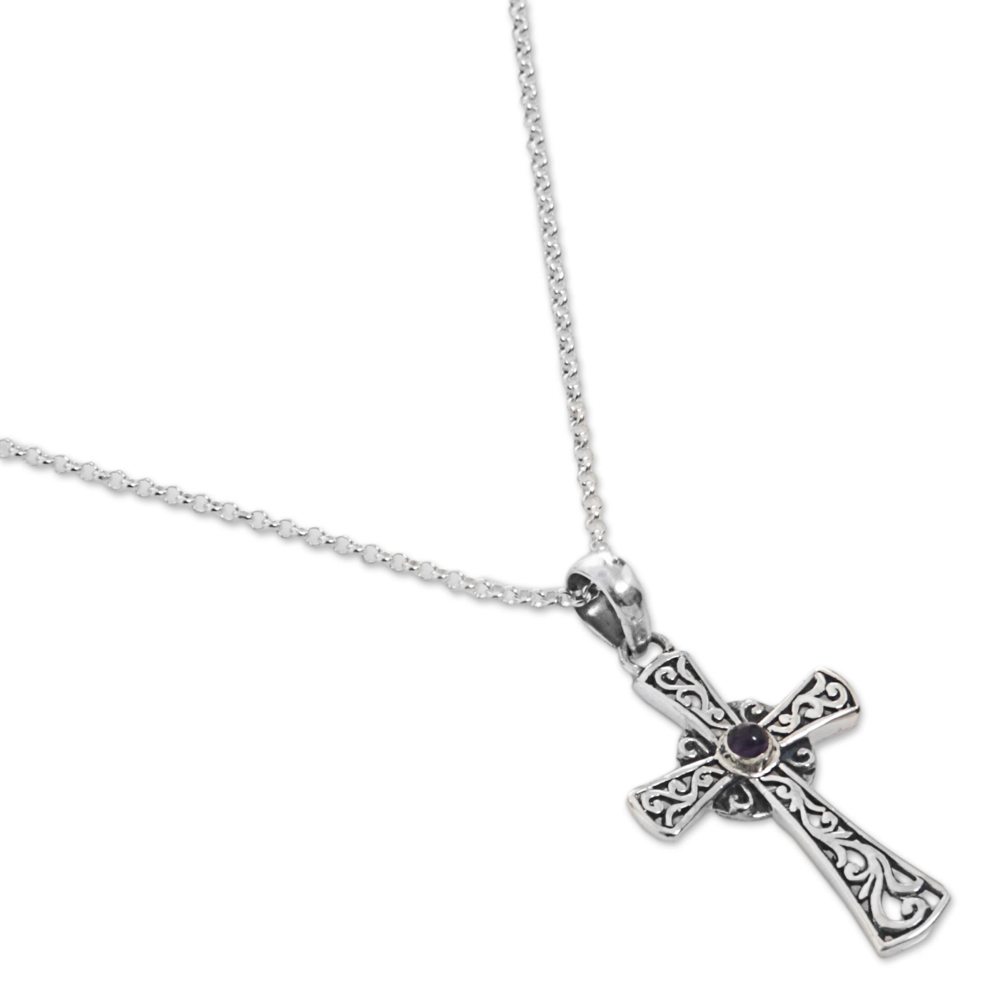 Premium Sterling Silver Amethyst Cross Pendant Necklace - Handcrafted in Indonesia